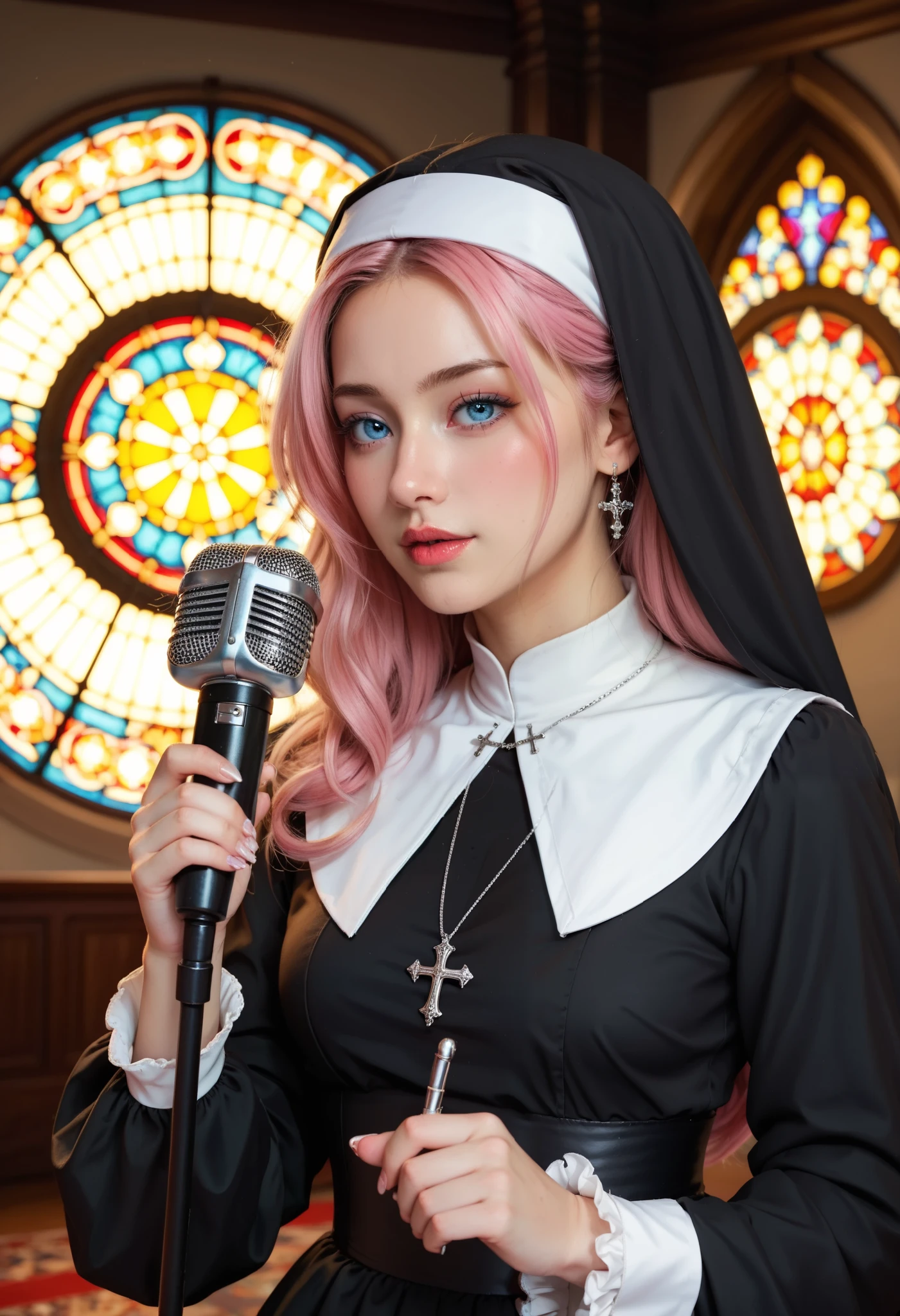 masterpiece, best quality, 8k, highres, ultra-detailed,HDR, UHD,BREAK,Baroque,Woodcut,best quality,highly detailed,1girl,long pink hair,heterochromia,holding microphone,gothic nun outfit,detailed frills,ornate accessories,stage performance,vibrant stained glass background,spotlight effects,charismatic pose,energetic atmosphere,intricate details,dramatic lighting
