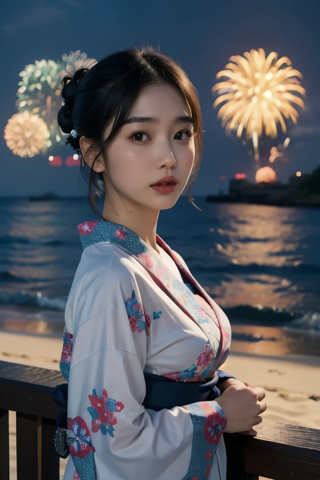 Japanese、Age 25、younger sister、Randomly generated people with diverse facial features and hairstyles々、Perfect Anatomy,Ocean、Beach、firework、Night Sky、firework、yukata,lerge breast