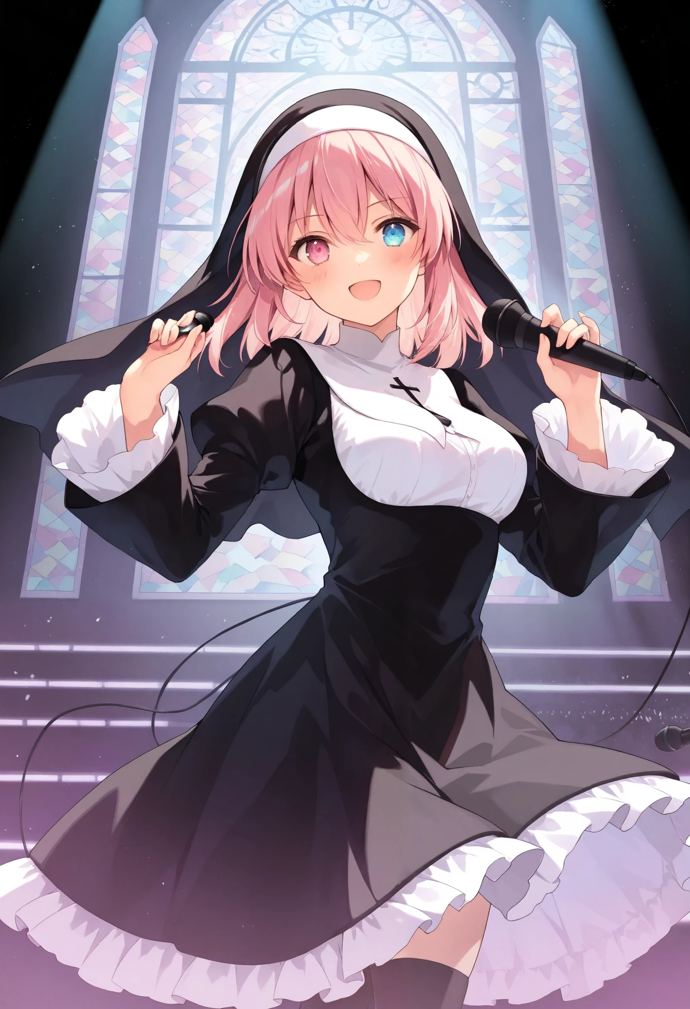 masterpiece, best quality, 8k, highres, ultra-detailed,HDR, UHD,BREAK,Baroque,Woodcut,best quality,highly detailed,1girl,long pink hair,heterochromia,holding microphone,gothic nun outfit,detailed frills,ornate accessories,stage performance,vibrant stained glass background,spotlight effects,charismatic pose,energetic atmosphere,intricate details,dramatic lighting

