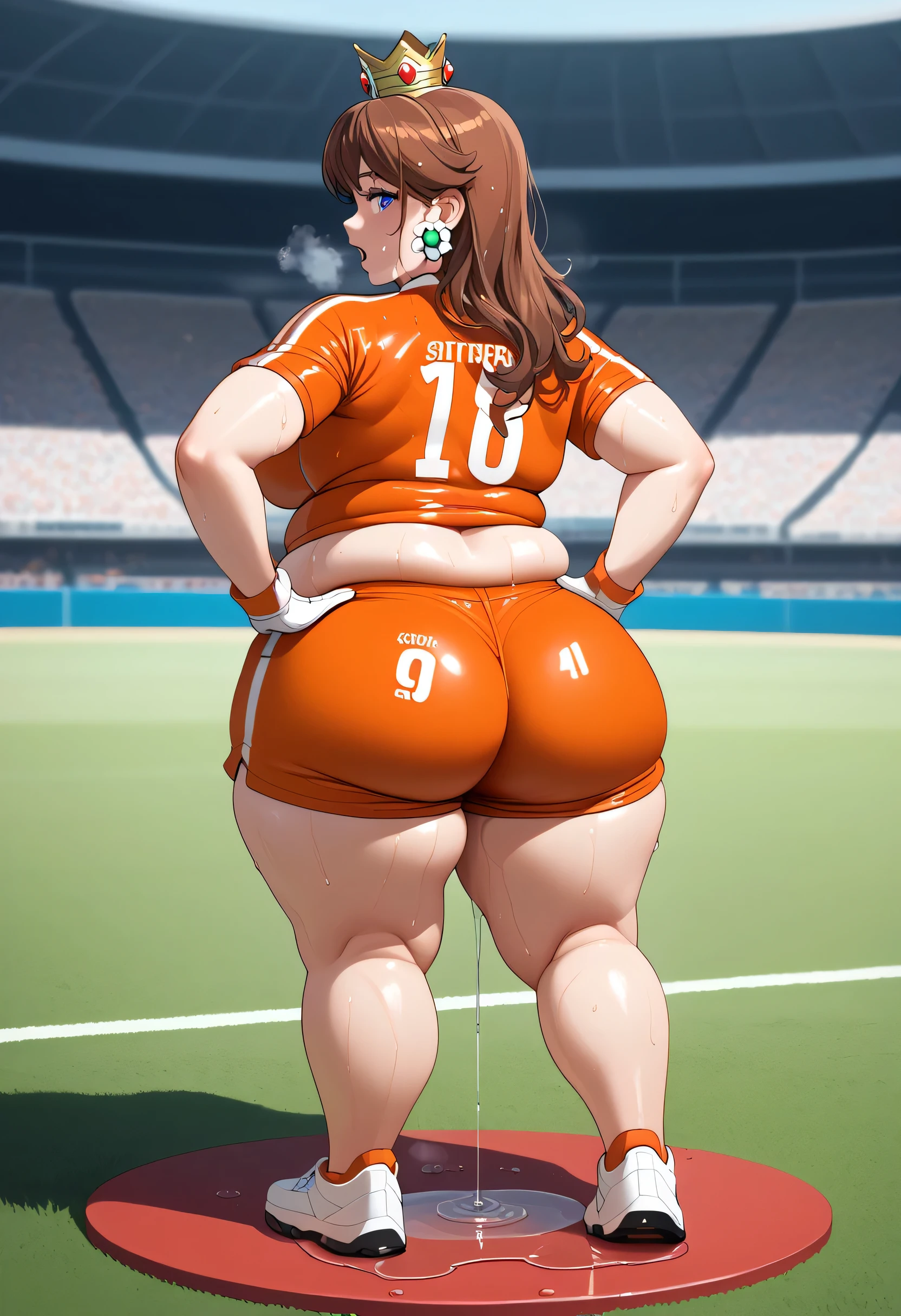 Daisy,brown hair,blue eyes,long hair,flower earrings,small crown, number 8 soccer uniform, short sleeves, white gloves, orange shorts, midriff, number 8, standing, sweaty, exhausted, hand on hips soccer field, science fiction, outdoors, (insanely detailed, masterpiece, best quality), sweating profusely, exhausted, breathing, open mouth, steam coming out of her mouth, tight red gym shorts, tight red gym tank top, hands on hips, dripping sweat, dripplits of sweat on the floor, puddle of sweat, thick, obese, soft belly, chubby, wide hips, sexy hips, full body, big belly, thicc thighs, covered in sweat, wet with sweat, dripping sweat, back view, chubby ass, looking back