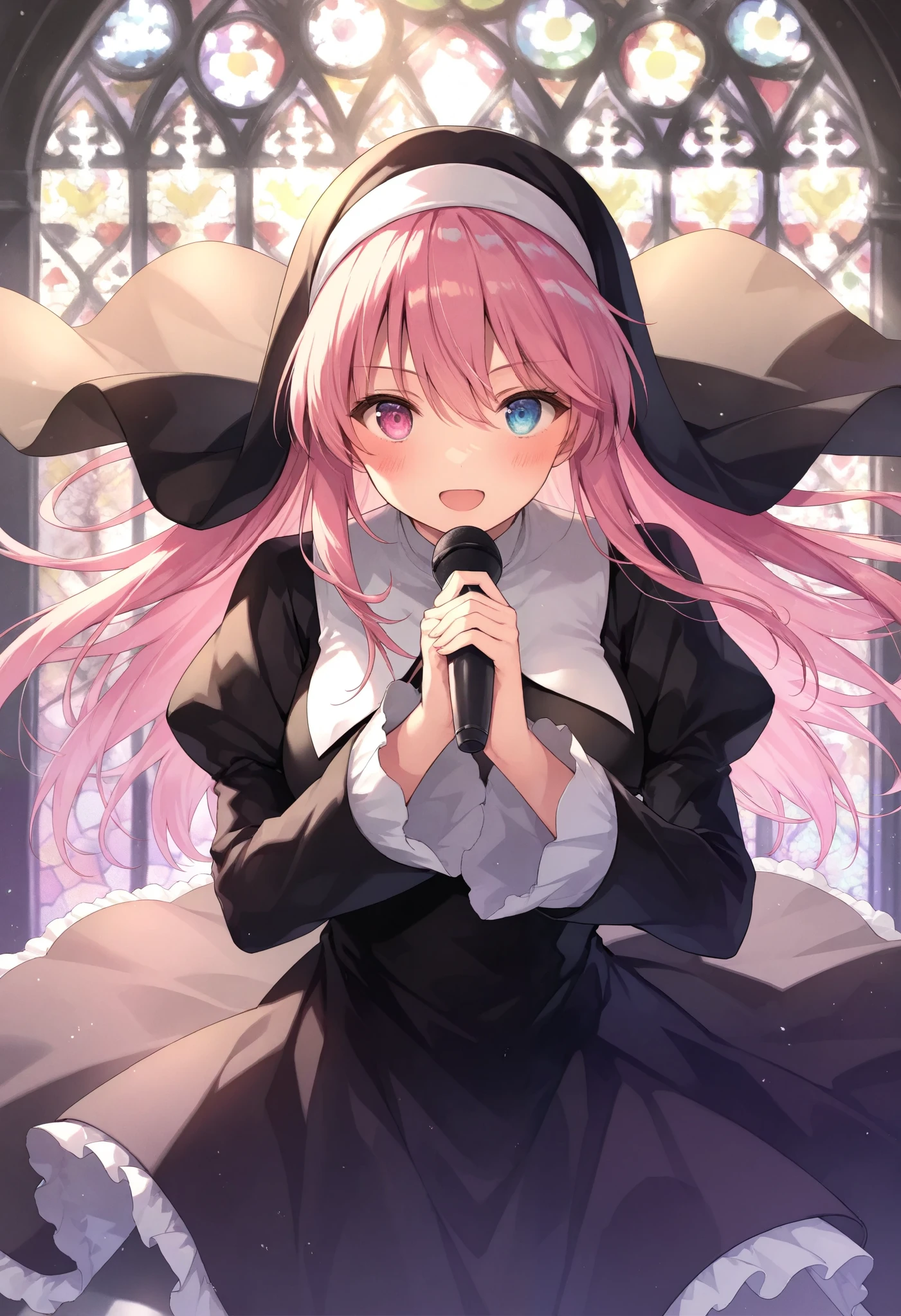 masterpiece, best quality, 8k, highres, ultra-detailed,HDR, UHD,BREAK,Baroque,Woodcut,best quality,highly detailed,1girl,long pink hair,heterochromia,holding microphone,gothic nun outfit,detailed frills,ornate accessories,stage performance,vibrant stained glass background,spotlight effects,charismatic pose,energetic atmosphere,intricate details,dramatic lighting

