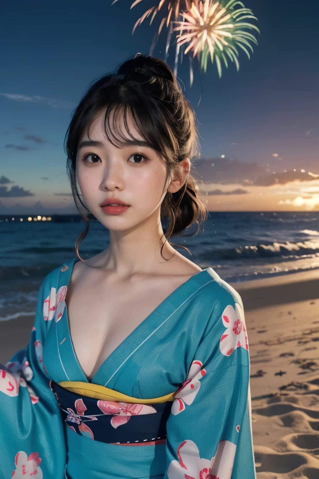 Japanese、Age 25、younger sister、Randomly generated people with diverse facial features and hairstyles々、Perfect Anatomy,Ocean、Beach、firework、Night Sky、firework、yukata,lerge breast