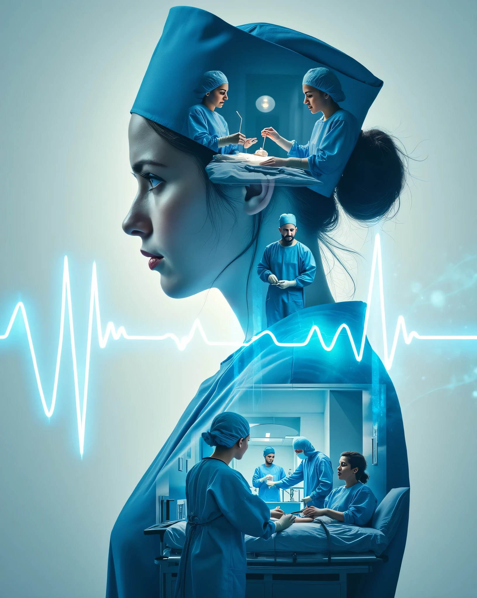 A cinematic poster of a healthcare worker wearing a Nurse and nurse cap, with a double exposure effect showing scenes of medical care and human compassion. The background features an abstract heartbeat line glowing in blue, connecting various moments: a nurses mens, and nurses womansr performing surgery, a patient being comforted, and medical staff rushing with a stretcher in a hospital hallway. The composition is dramatic and emotional, with cool tones of blue and white dominating the scene, creating a professional yet heartfelt atmosphere"