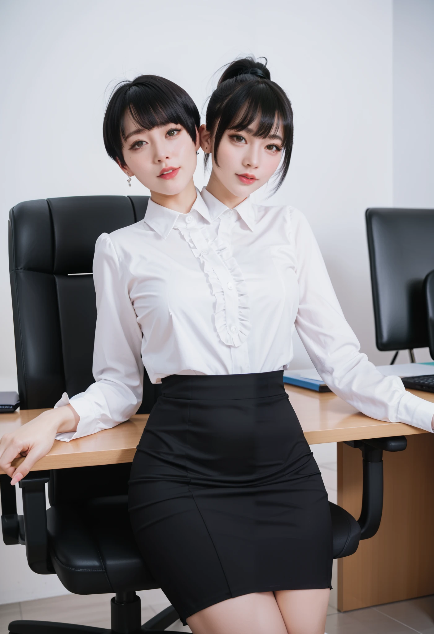 best resolution, conjoined,woman with two heads, tall, different hairstyles, black hair middle part bangs with ponytail, blonde pixie-cut hair,  different faces, flirty expression, white long sleeve shirt, frilly black skirt, office chair