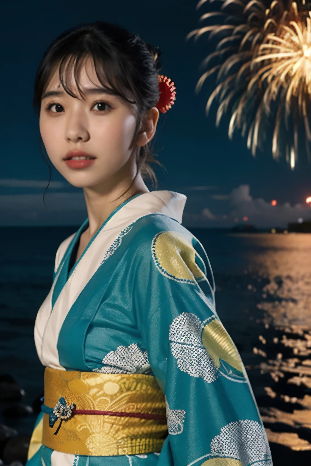 Japanese、Age 25、younger sister、Randomly generated people with diverse facial features and hairstyles々、Perfect Anatomy,Ocean、Beach、firework、Night Sky、firework、yukata,lerge breast