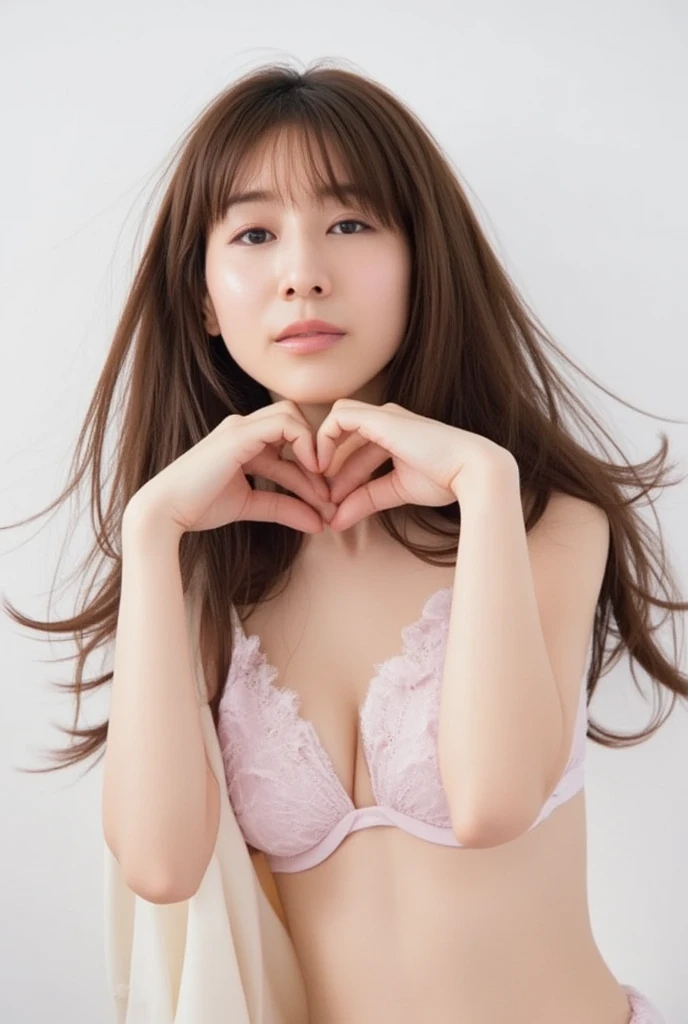 (masterpiece), (highest quality), (Super detailed), (messy hair), (shape), (one japanese girl), (fashionable lace bra), Are standing, Fashion Model, (interview), (simple pink background), fine and beautiful eyes, delicate beautiful face, floating, (high color saturation),  focus on face, ponytail, black hair, bangs,floating Hairs, (shining), best writing, best shadow,stylish living room