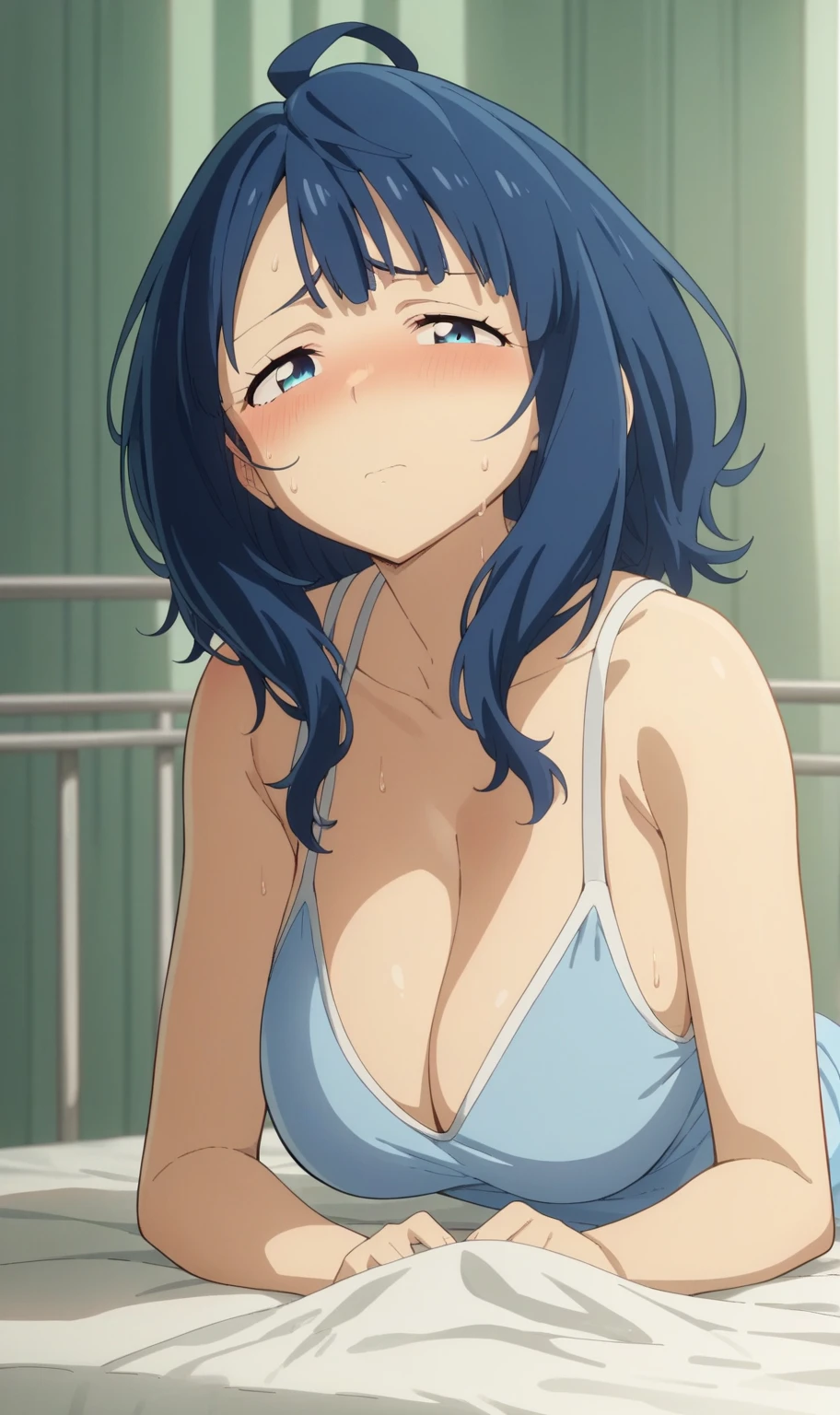 yanamianna, medium hair, ahoge, blue hair, blue eyes, large breasts, pajama, cleavage, (blush:1.3), mask, sweat, (lie on bed:1.2), bed, looking viewer, indoor, hospital room, masterpiece, best quality, high resolution, ultra-detailed, detailed background, anime,