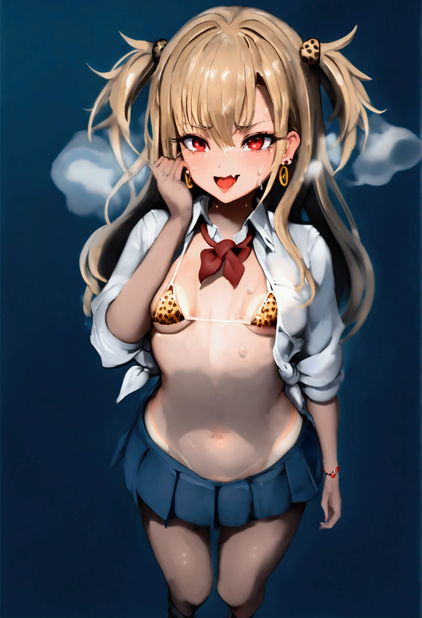 hot seductive mature woman, junko enoshima, slight tan, curvy body, big breasts, smooth skin, fluffy pigtails, pinkish blonde hair, choker, completely black bikini, blushing a lot on cheeks and nose, lying in bed, messy hair, sharp blue eyes, beautiful face, safe for work, smooth skin, legs closeup, view from above, white bed, showing armpits, tongue out, open legs, gripping the sheets, no sleeves