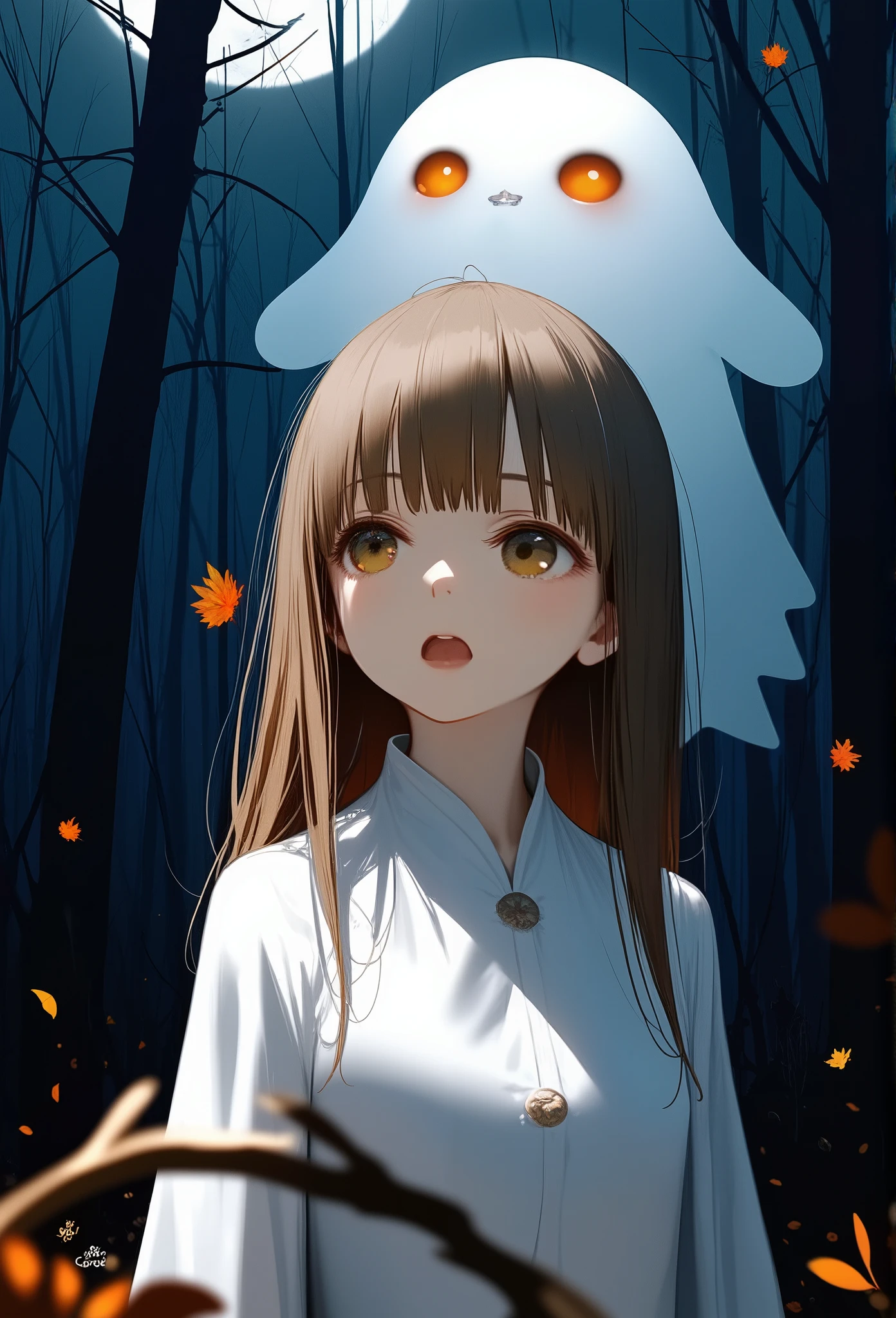 kawaii Anime Style, Digital Painting, best quality,soft glowing eyes, 1girl, long hair, brown hair, surprised expression, ghost companion, orange glowing eyes, puffy cheeks,moonlit night, dark forest, leafless trees, eerie atmosphere, white robe, autumn leaves floating, branch foreground