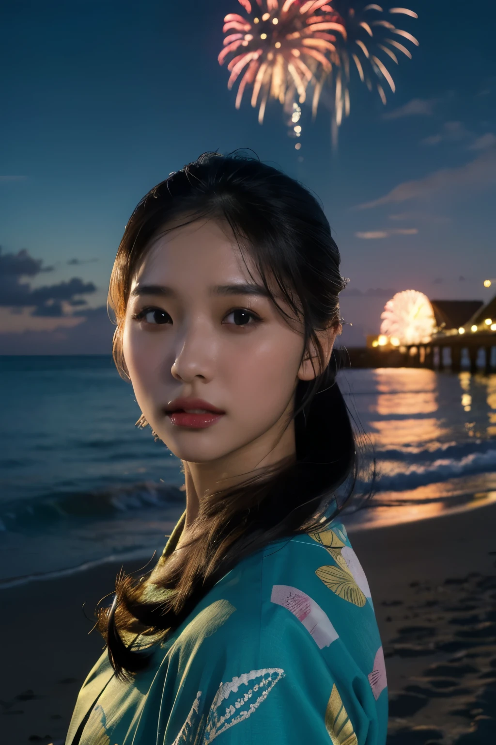 a beautiful young japanese woman with perfect anatomy, detailed facial features, long hair, wearing a colorful yukata on a beach at night, with a fireworks display in the night sky, (best quality,4k,8k,highres,masterpiece:1.2),ultra-detailed,(realistic,photorealistic,photo-realistic:1.37),highly detailed face,extremely detailed eyes and face,long eyelashes,beautiful detailed lips,beautiful detailed eyes,volumetric lighting,dramatic lighting,intricate details,vibrant colors,glowing skin,ocean,beach,night sky,fireworks