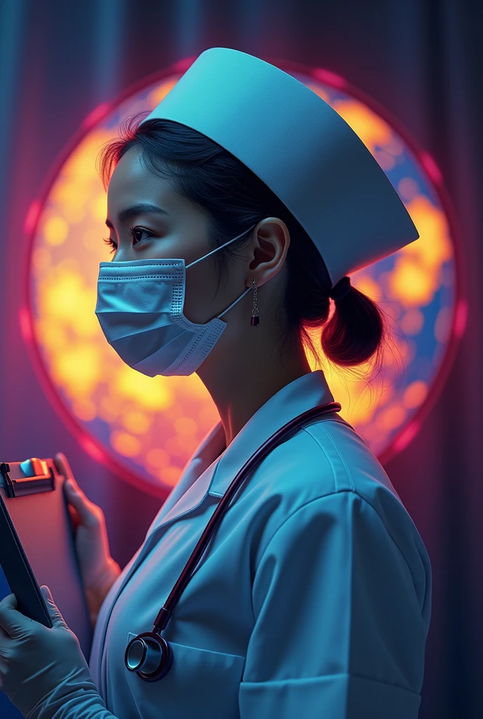 A scene in honor of International Women's Day featuring a nurse. The nurse is an Asian woman, standing bravely with a mask and glove, symbolizing the frontline workers during the global pandemic. She wears a traditional white uniform, her hair is neatly tied back, and she has a compatible stethoscope around her neck. In her hand is a clipboard, indicating her duty to monitor the health of patients. The background is filled with symbols of womanhood and empowerment, including the international women's day logo, and a globe representing global unity and support for women's rights.