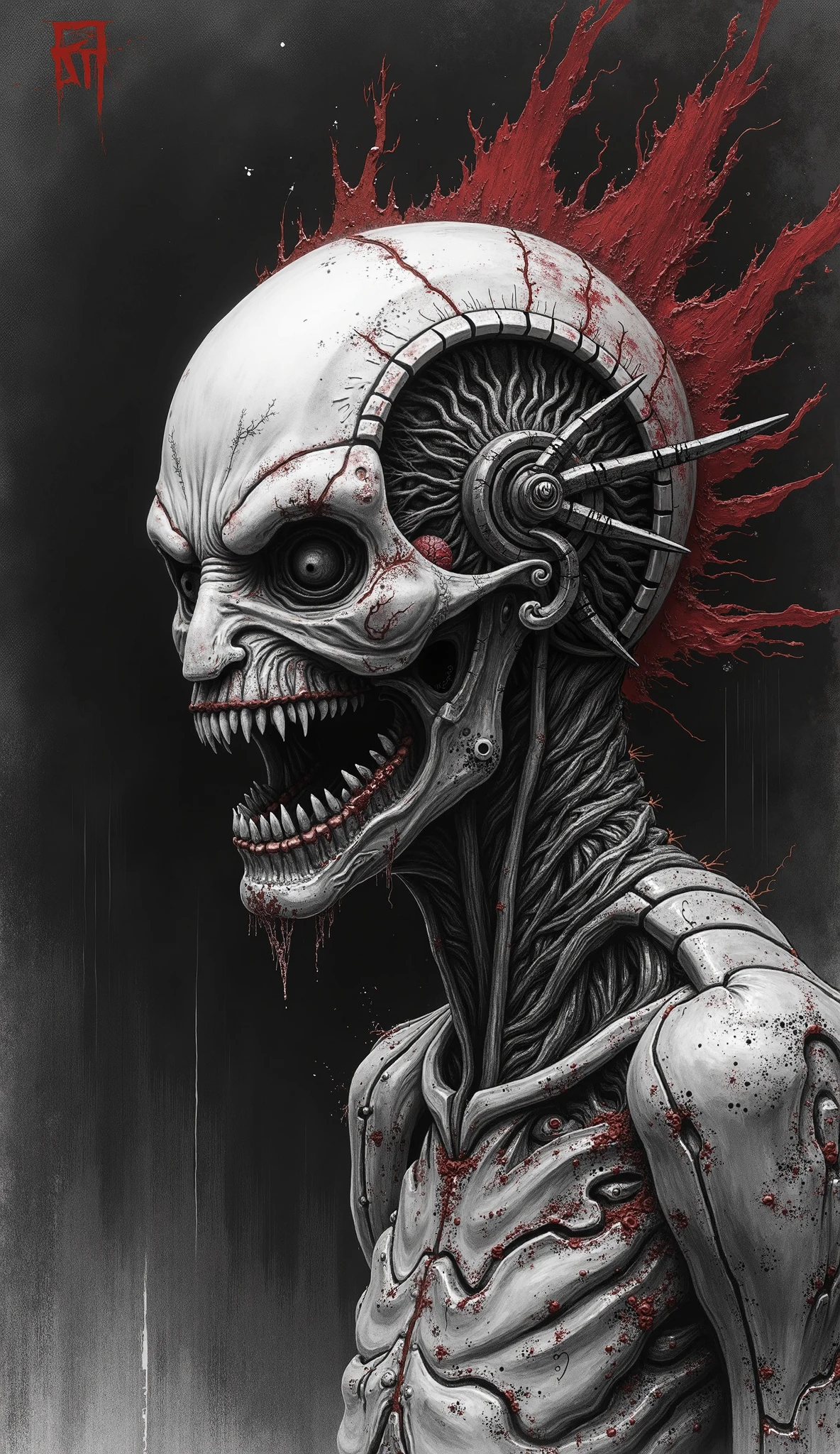 armor and spear, blood, (anime), bizarre scenario, This is Junji, Yusuke Murata, black and white, 8K, anime, horror