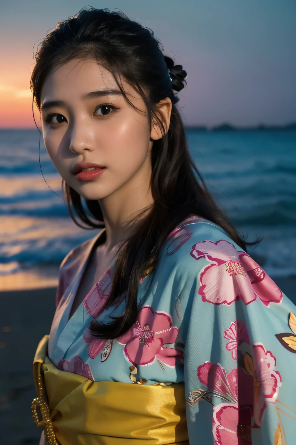 a beautiful young japanese woman with perfect anatomy, detailed facial features, long hair, wearing a colorful yukata on a beach at night, with a fireworks display in the night sky, (best quality,4k,8k,highres,masterpiece:1.2),ultra-detailed,(realistic,photorealistic,photo-realistic:1.37),highly detailed face,extremely detailed eyes and face,long eyelashes,beautiful detailed lips,beautiful detailed eyes,volumetric lighting,dramatic lighting,intricate details,vibrant colors,glowing skin,ocean,beach,night sky,fireworks