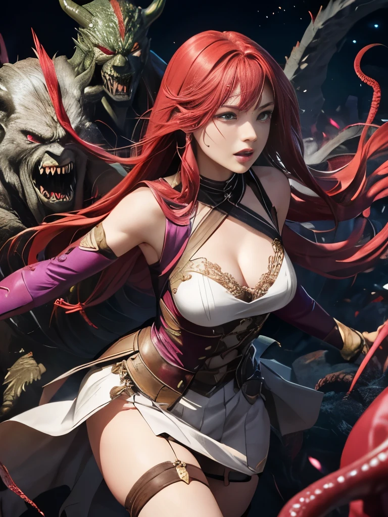 top quality、torture、 slave、restrict、Bondage、Caught by a bunch of monsters 、Surrounded by monsters、、 beautiful woman with very long reddish pink hair caught by her tentacles( messy hair )、white see-through celtic dress 1:5(Small breasts、 deep v-neck、Sleeveless、No elbow pads、Beautiful woman with very long purple hair 、Deep slit、 Fine Enough to See Through Skin 、feather-shaped skirt、 sexy)、 White Armor Boots、 Tears overflow 、 frightened expression 、run away、attacked by many monsters 1:5、 many ferocious monsters 1:5、 monsters grab arms . Monster Attacked from behind 、 monsters grab legs 、 horde of monsters 1 :5、Midnight、 Darkness、 Different Worlds 、dungeons、Dark fantasy、Pitch Black Hell