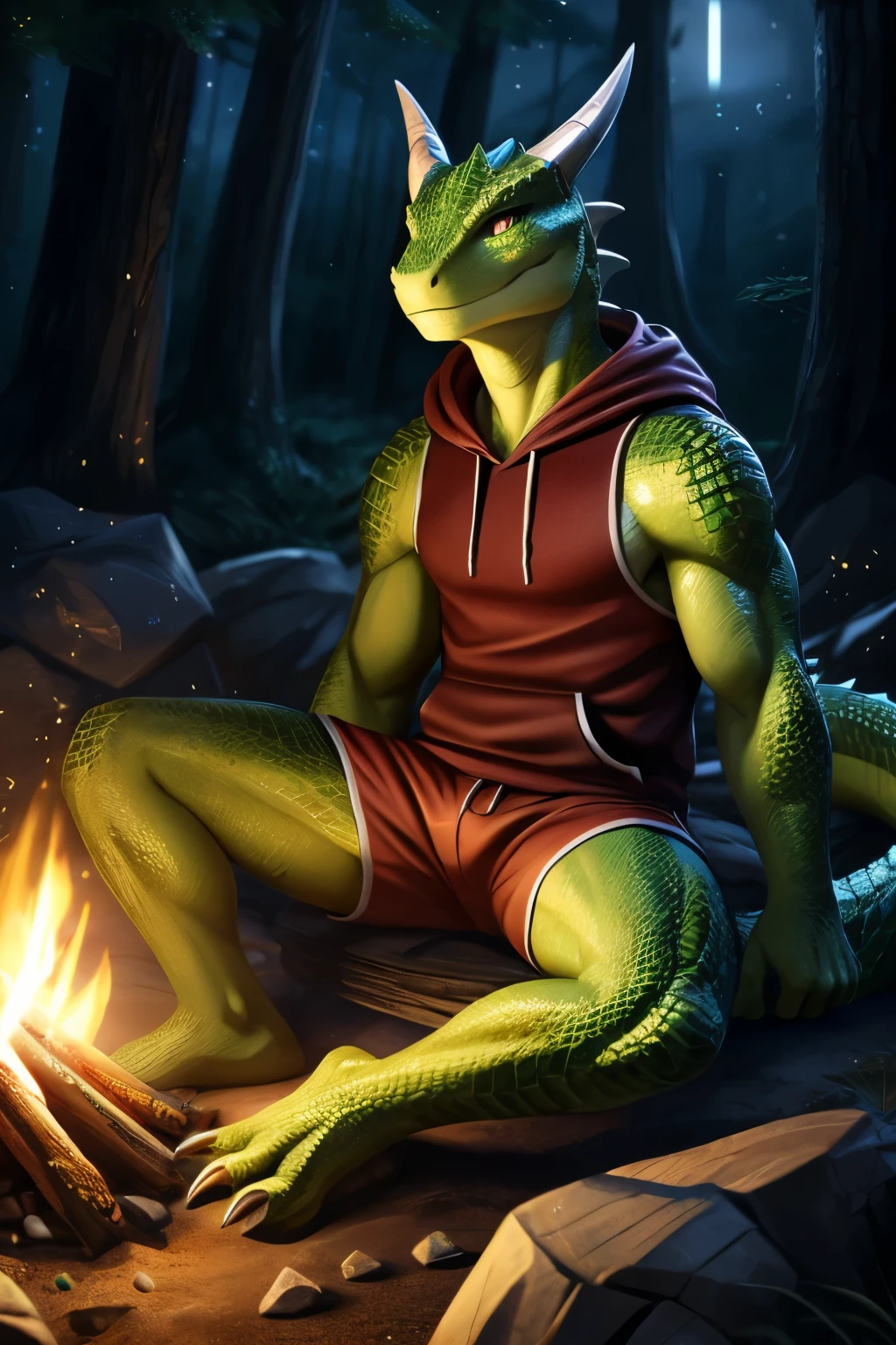 solo, male, (slim), (male anthro snake):1.3, green body scales, white belly, (laying on back):1.3, (kemono:1.4)
(masturbating) (black thong, red pattern:1.2),
detailed eyes, snake tail, bulge, ((body portrait)),
, (detailed eyes, green eyes, glowing eyes):1.1,
(outdoors:1.35), forest, candle, night, (particles ,firefly, blue glowing):1.3,
detailed background, photorealistic, realistic hands, 8k hd,
(dark shadows, wide dynamic range, hdr, low light:1.2),
by (by Pino Daeni, (by ruaidri), (by virtyalfobo), (by Kenket).