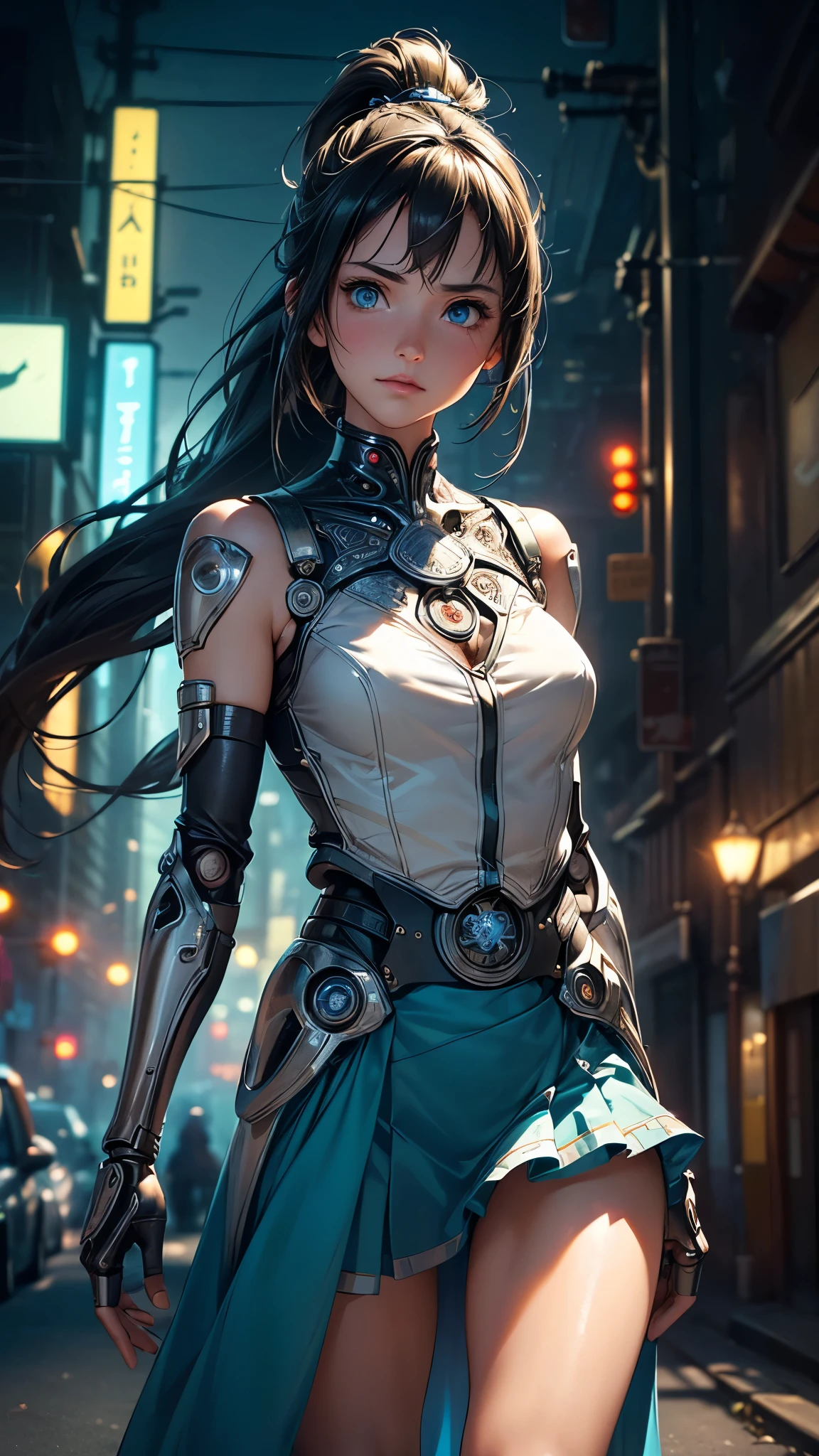 ((A half-mechanical girl with a human torso and translucent mechanical limbs)),
((Her limbs are translucent and revealing the internal electronic circuitry)),
Sleeveless jacket and frilly skirt,
Bright blue eyes,
Long ponytail hair,
Post-apocalyptic city background,
Standing on the street,
beautiful face, detailed face, 
(from front),
White highlights, Halftone, Sensual,
Highest quality, Realistic, Photo Realistic, Award-winning photography, (Intricate details), (Subtle details), (Intricate details), (Cinematic Light), Sharp focus, 
