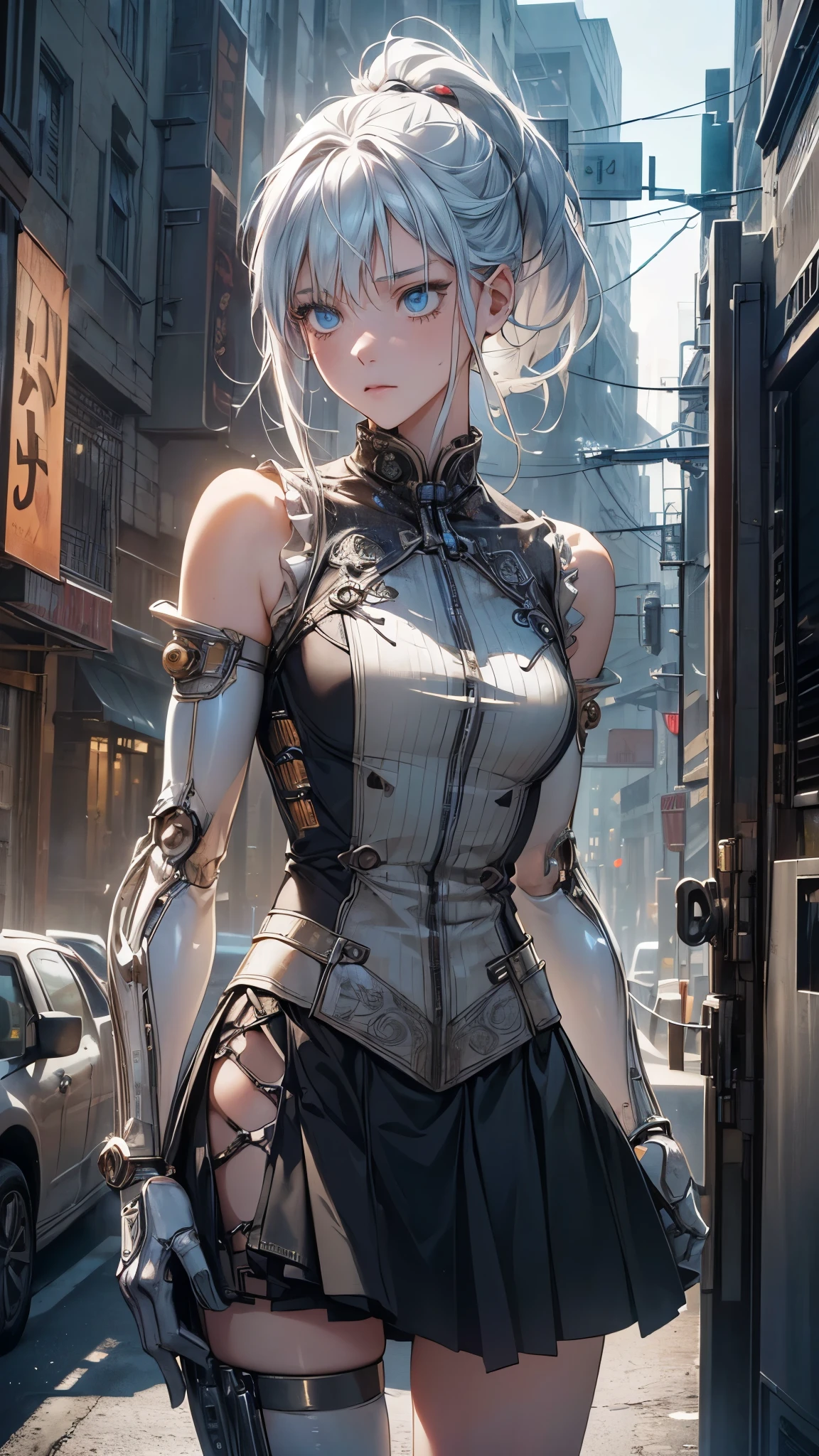 ((A half-mechanical girl with a human torso and translucent mechanical limbs)),
((Her limbs are translucent and revealing the internal electronic circuitry)),
Sleeveless jacket and frilly skirt,
Bright blue eyes,
Long ponytail hair,
Post-apocalyptic city background,
Standing on the street,
beautiful face, detailed face, 
(from front),
White highlights, Halftone, Sensual,
Highest quality, Realistic, Photo Realistic, Award-winning photography, (Intricate details), (Subtle details), (Intricate details), (Cinematic Light), Sharp focus, 
