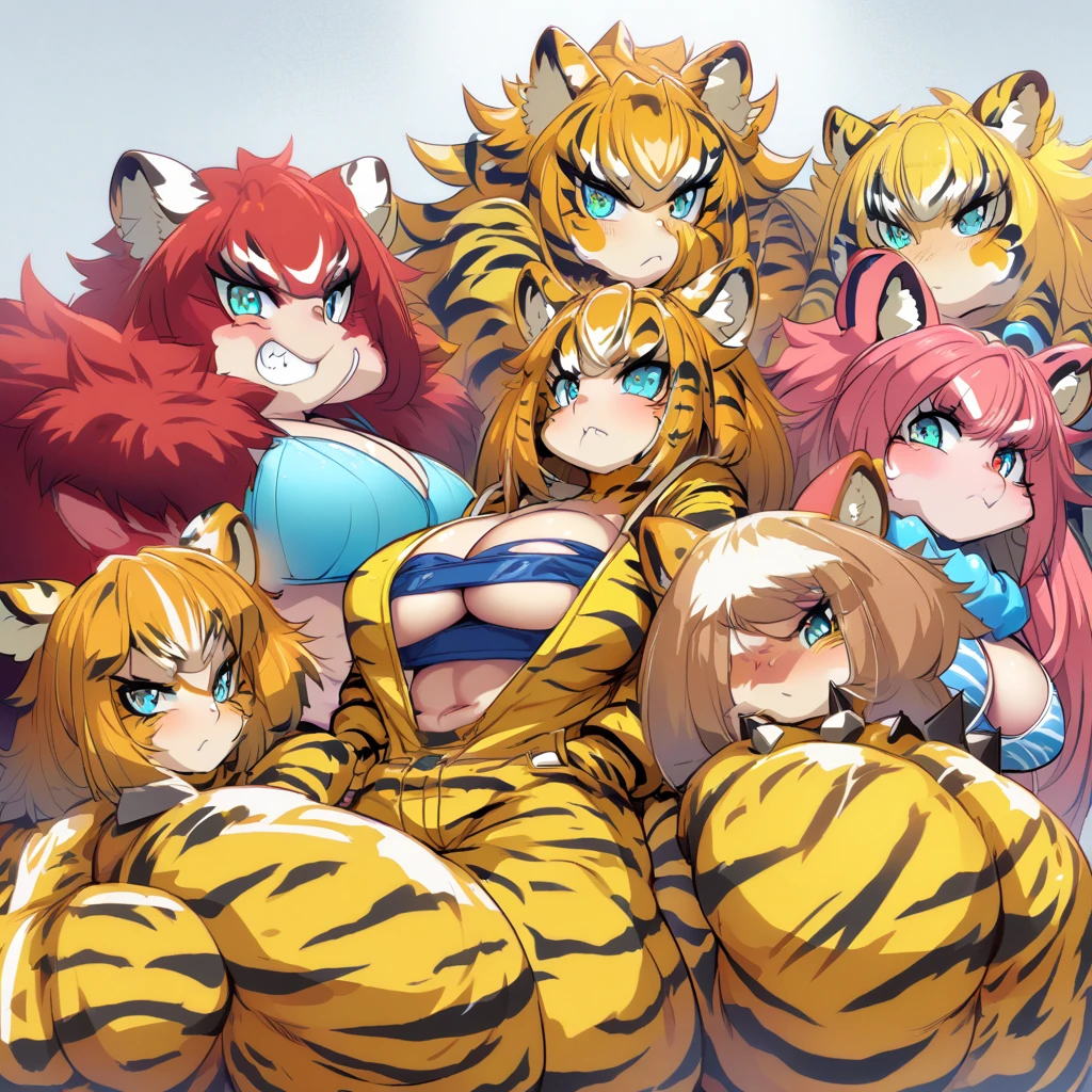 Anime, Cyberpunk female, 5 tiger-girls, anthro tiger girl, tiger girls, tiger stripes, huge hair, large breasts, blue bra, large yellow jacket, Deep cleavage, chubby, spikes, red fur, stripes, serious, posing together, girls surrounding