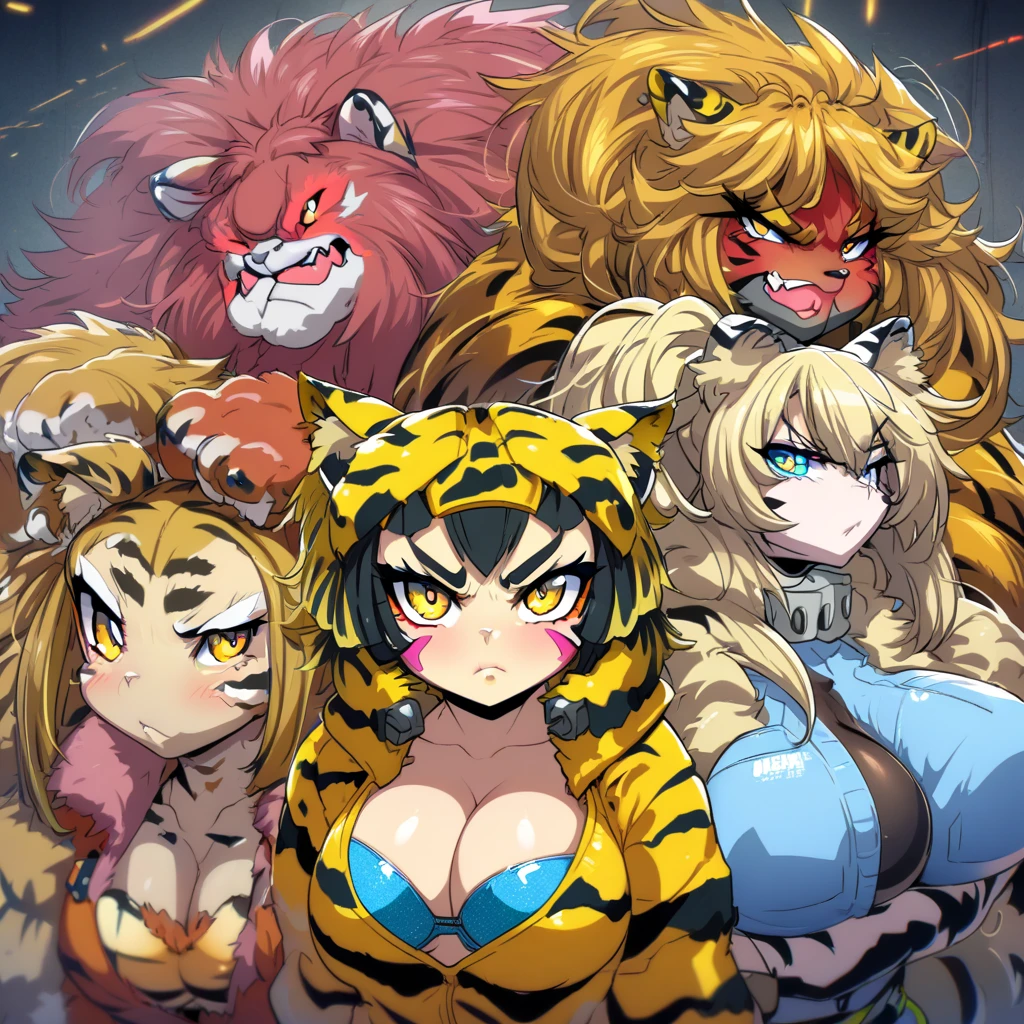 Anime, Cyberpunk female, 5 tiger-girls, anthro tiger girl, tiger girls, tiger stripes, huge hair, large breasts, blue bra, large yellow jacket, Deep cleavage, chubby, spikes, red fur, stripes, serious, posing together, girls surrounding