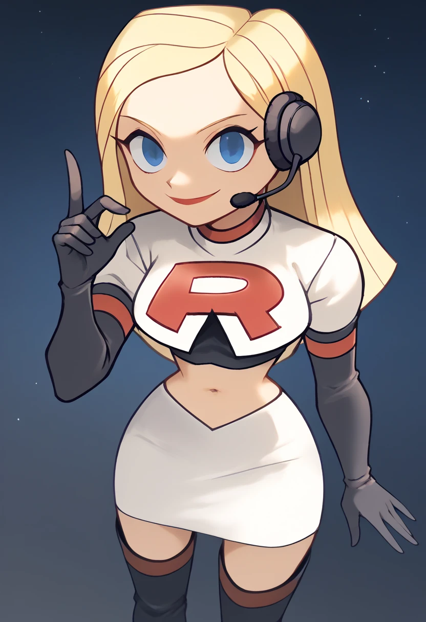 Team rocket, team rocket uniform, red letter R, white skirt,white crop top,black thigh-high boots, black elbow gloves, evil smile, night sky background, headset, large breasts, high-heeled boots, Samey_Total_Drama, blonde hair,