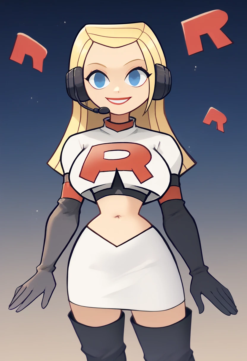 Team rocket, team rocket uniform, red letter R, white skirt,white crop top,black thigh-high boots, black elbow gloves, evil smile, night sky background, headset, large breasts, high-heeled boots, Samey_Total_Drama, blonde hair,