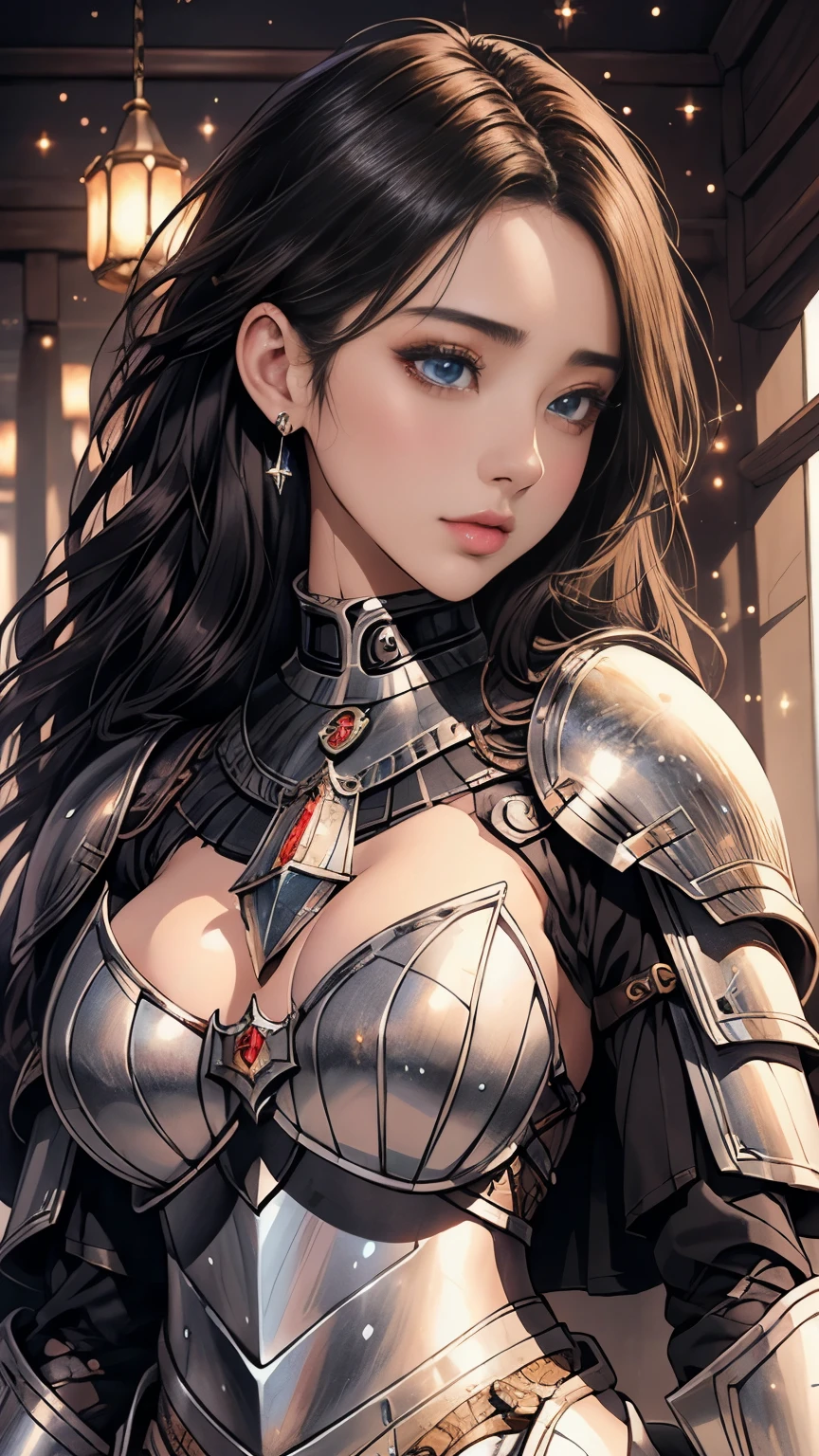 ((best quality)), ((masterpiece)), (detailed), Prize-winning works, with incredible details, maximum textures and details, uhd ,8K,super resolution ,depth of field, retina, masterpiece, anatomically correct, textured skin, super detail, high details, highres ,1 adventurous girl in brunette warrior costume ,beautiful  face, stop at an adventurers guild, chestnut hair, developing long hair, slickedback hair, wearing medieval black armor  , black gauntlets and gloves, black breastplate black leather,black pants, black belts ,black long cape ,fully body, hyper-detailed piercing eyes ,black heavy armor (15 year old young man :1.1,detailedeyes, face detailed, whole body:1.1,the background is an adventurers guild ),(best qualityer:1.2,ultra detali:1.1,realisitic:1.37) ,eyeshadows,sharp focus,swirly vibrant colors,)