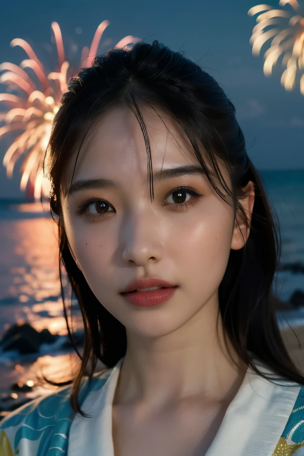 a beautiful young japanese woman with perfect anatomy, detailed facial features, long hair, wearing a colorful yukata on a beach at night, with a fireworks display in the night sky, (best quality,4k,8k,highres,masterpiece:1.2),ultra-detailed,(realistic,photorealistic,photo-realistic:1.37),highly detailed face,extremely detailed eyes and face,long eyelashes,beautiful detailed lips,beautiful detailed eyes,volumetric lighting,dramatic lighting,intricate details,vibrant colors,glowing skin,ocean,beach,night sky,fireworks