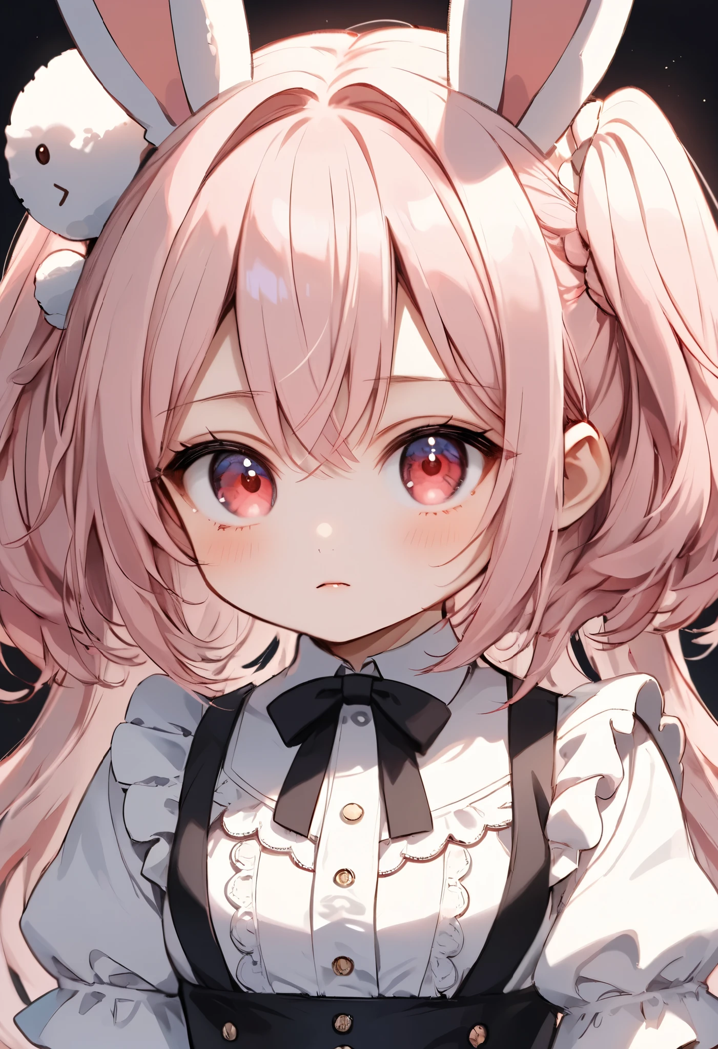 masterpiece, best quality, 8k, highres, ultra-detailed,HDR, UHD,BREAK,Ukiyo-e,Linocut,best quality,chibi style,2girls,maid outfit,black and pink hair,bunny ears,formal uniform,red eyes,simple background,black background,serious expressions,minimalistic design,decorative accents,clean lines,contrasting tones
