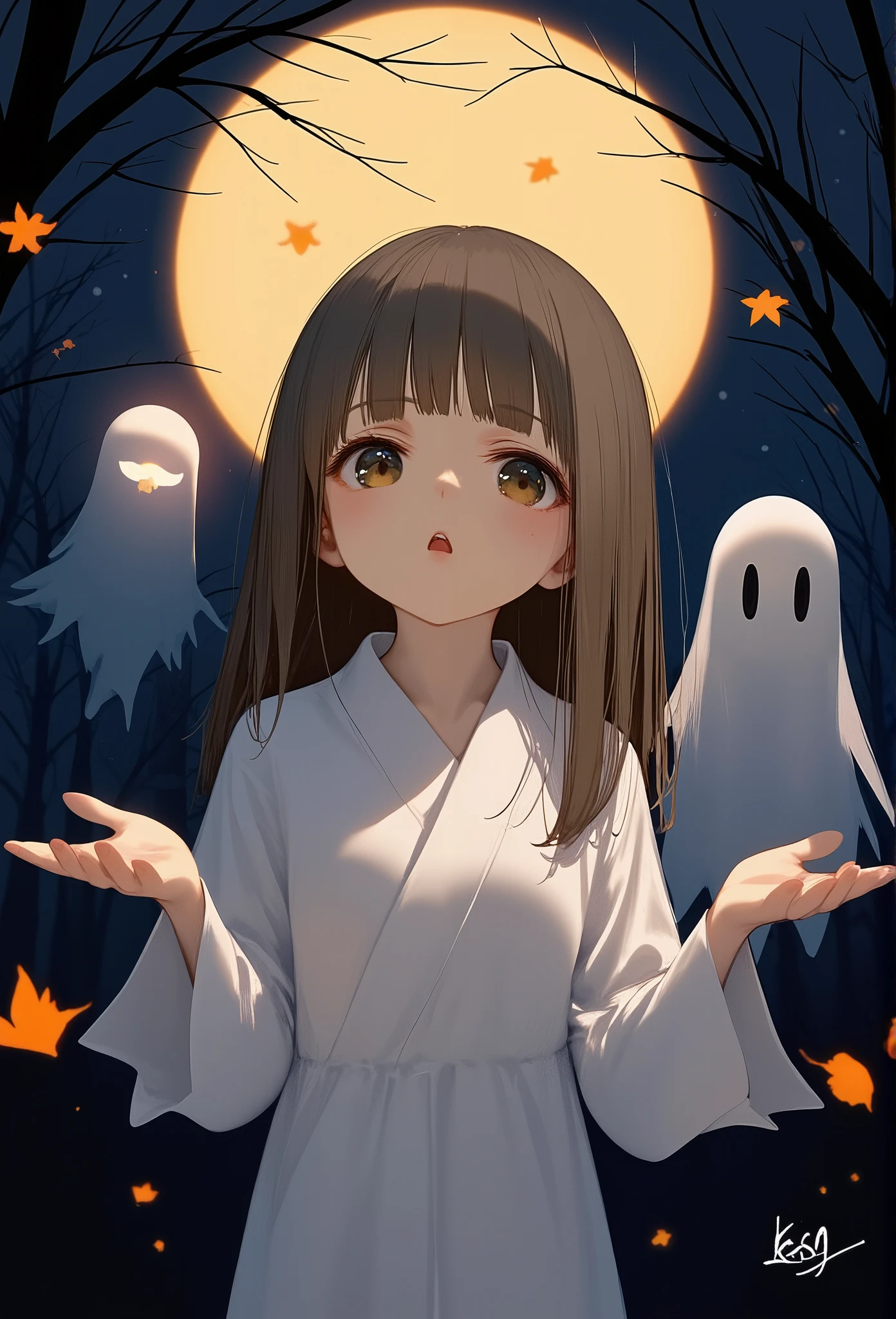 kawaii Anime Style, Digital Painting, best quality,soft glowing eyes,amazing cute 1girl, long hair, brown hair, surprised expression, cute ghost companion, soft orange glowing eyes, puffy cheeks,moonlit night, dark forest, leafless trees, eerie atmosphere, white robe, autumn leaves floating, branch foreground