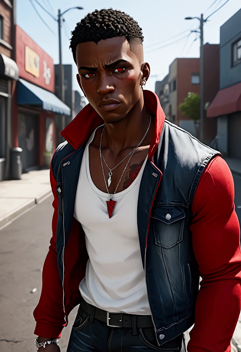 (foco frontal),Anime - style illustration of black skinned adult male, late 20s, street thug, A black teenager, character, very tall, muscular, with short hair, brown eyes, solo, 1boy, he has a tattoo in the left side of his face. He is wearing a white tank top and dark red unzipped jacket, his leg wear consists of blue jeans, dark sneakers and a silver necklace.(((black:1.5, red:1.1, white:1.3))) Semirealistic style, masterpiece, best quality, 8k, artstation, sharp focus, high details