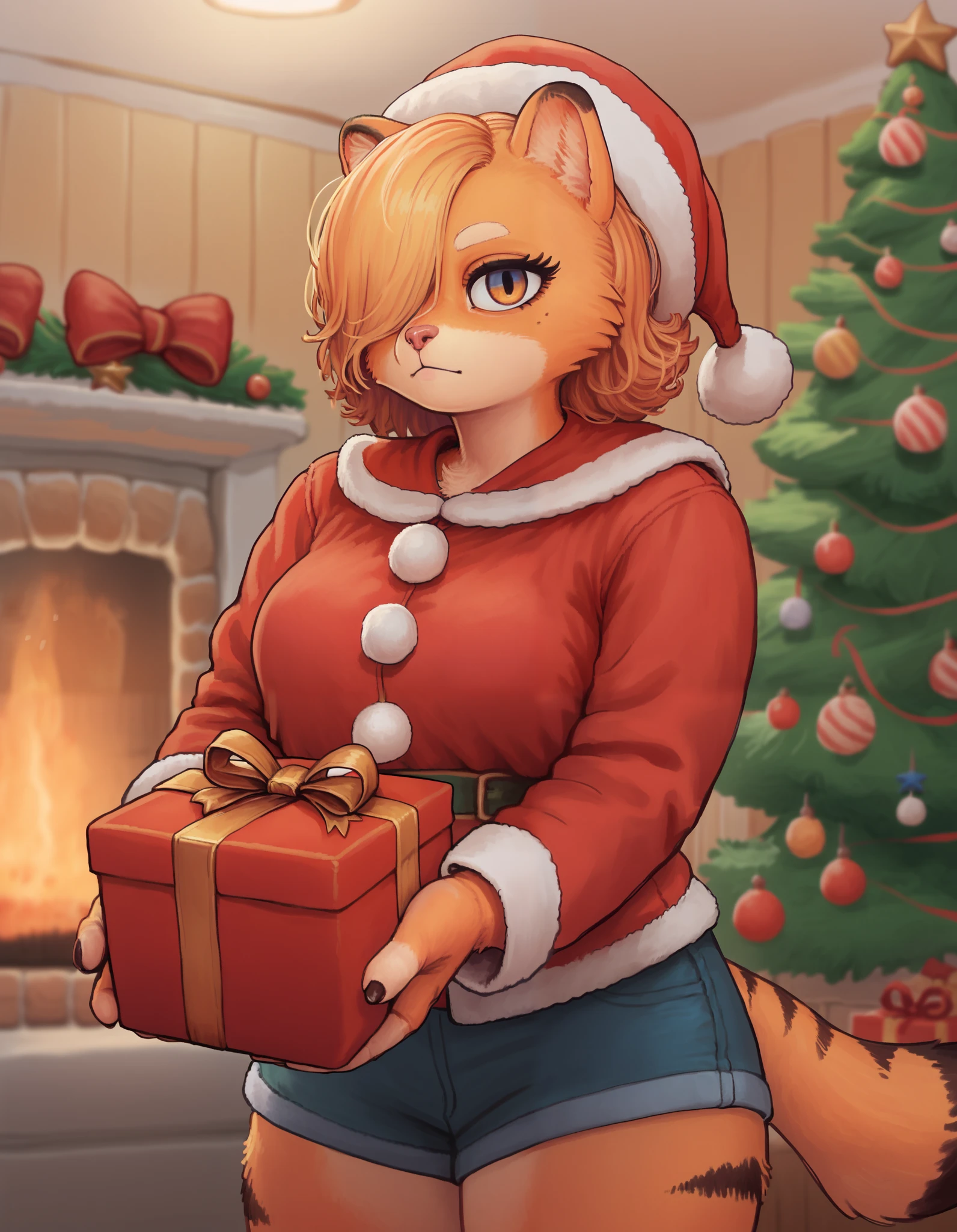 (chanta_\(ayatakaoisii\):0.9)transfield, 1girl, solo, orange fur, medium hair, hair over one eye, santa costume, santa hat, holding present, depth of field, interior, cabin, fireplace, [christmas tree], cowboy shot