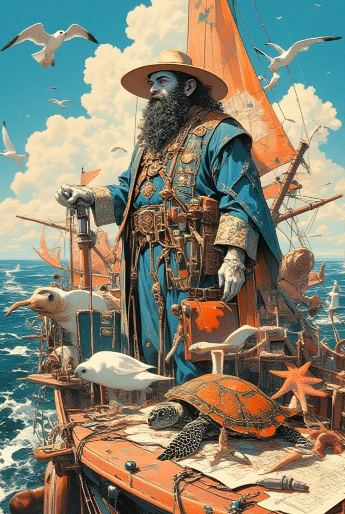   The Old Mad Sailor ,The old man said 「Yosolo」blue, orange ,White, surreal collage,a contemporary artistic collage,collage artwork, New Album Cover , Great Job !! ,digital collage、(collage ),collage art,contemporary collage,mixed media collage, surreal +      is high definition , surreal style,convertible、    Call it the Inner World of the Autism Spectrum, see here ,Nautical charts,compass,碇, seagull ,Sea Turtle,Starfish,telescope