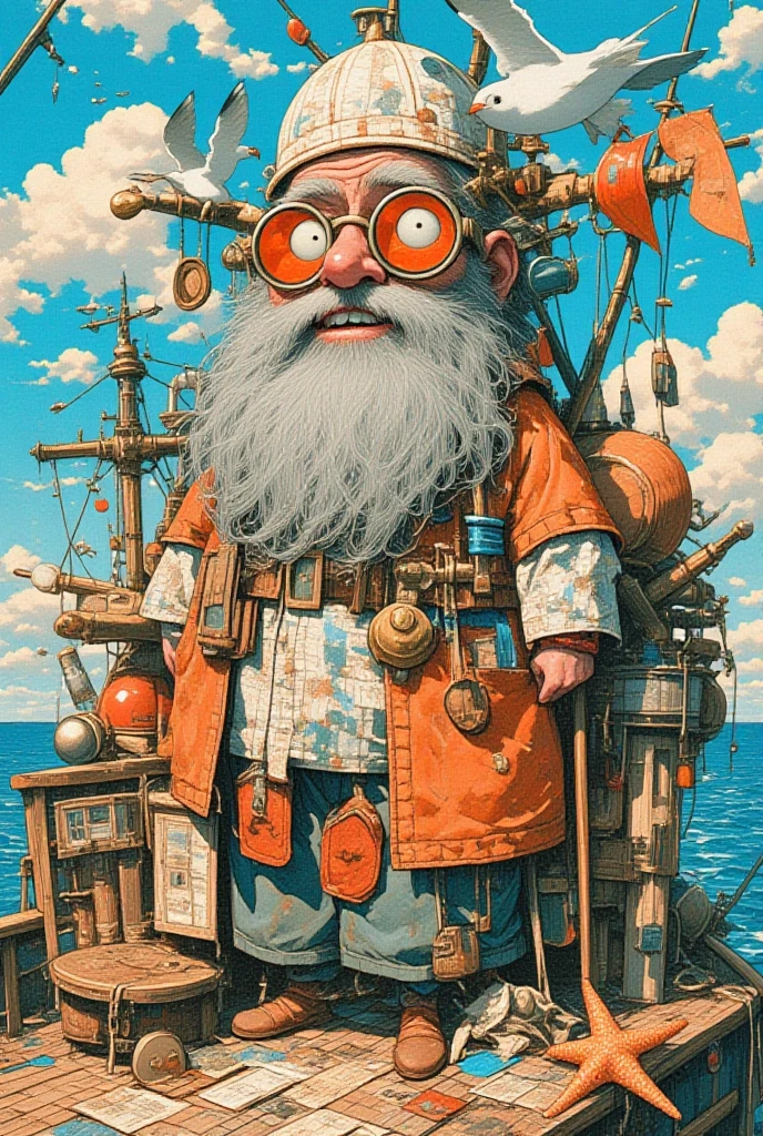   The Old Mad Sailor ,The old man said 「Yosolo」blue, orange ,White, surreal collage,a contemporary artistic collage,collage artwork, New Album Cover , Great Job !! ,digital collage、(collage ),collage art,contemporary collage,mixed media collage, surreal +      is high definition , surreal style,convertible、    Call it the Inner World of the Autism Spectrum, see here ,Nautical charts,compass,碇, seagull ,Sea Turtle,Starfish,telescope