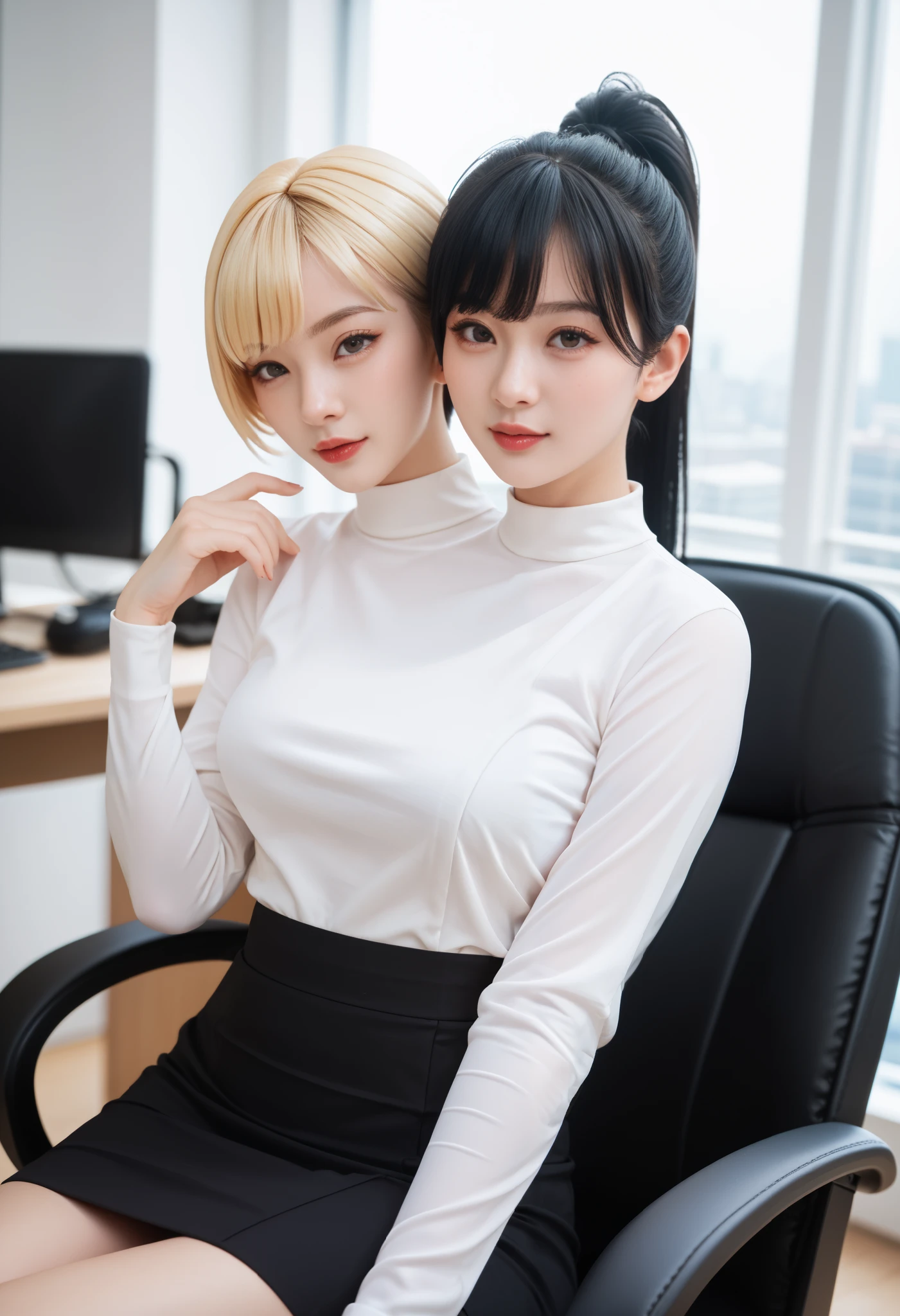 best resolution, close-up, conjoined, woman with two heads, tall, different hairstyles, black hair middle part bangs with ponytail, blonde pixie cut hair, different faces, flirty expression, white long sleeve shirt, frilly black skirt, office chair