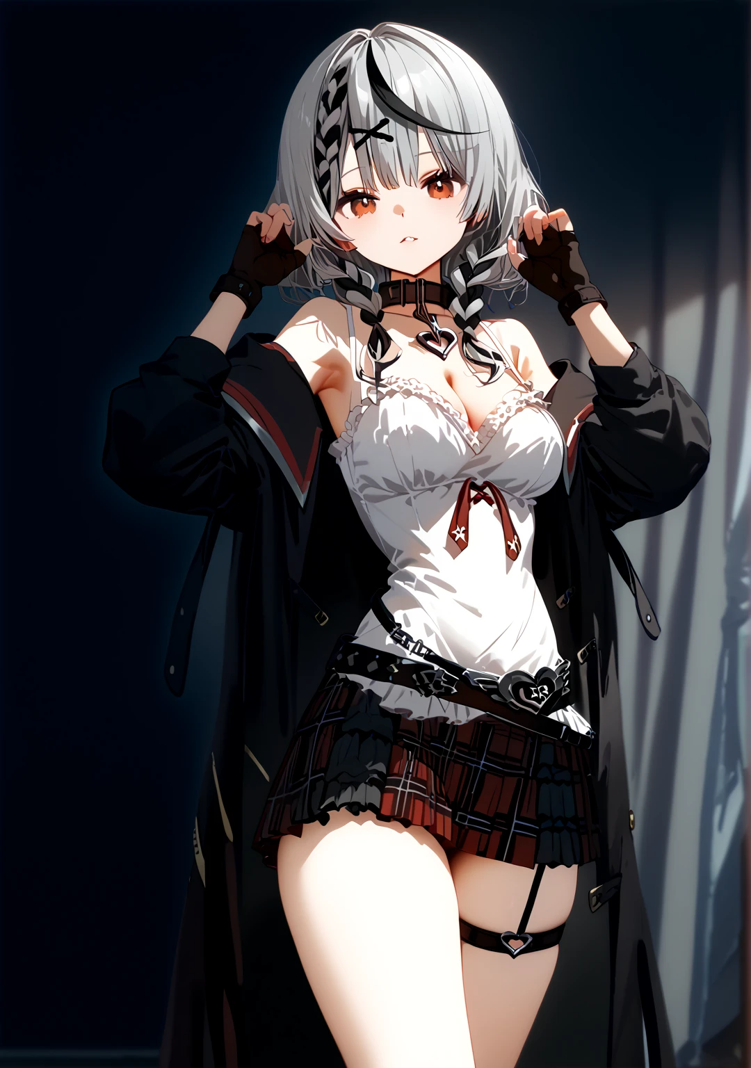           top quality,           top quality,         high quality pictures          ,         A masterpiece penis     ,             super high resolution   ,            detailed background ,            absurd,             Perfect Anatomy          ,            performance   ,    good lighting   ,       Photo Gallery        , 、 1 Girl、solo、 red eyes、Sakamata Chloe 、 garter strap、Fingerless gloves、Ripped Thigh High 、Gray Hair、Multicolored Hair、 Plaid Skirt、chestの谷間、 x hair ornament、 red skirt 、Black collar、 white camisole、chest、 braids 、 black belt with rapier、 medium haired 、 black jacket 、とても大きなchest 、