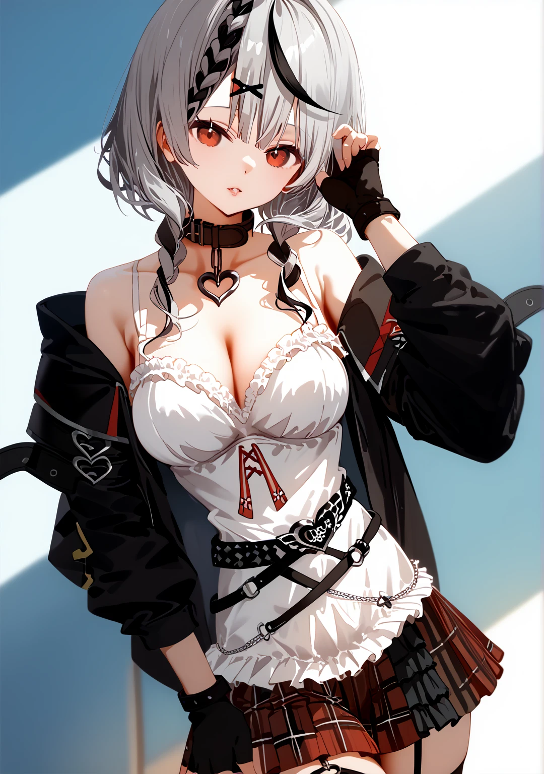           top quality,           top quality,         high quality pictures          ,         A masterpiece penis     ,             super high resolution   ,            detailed background ,            absurd,             Perfect Anatomy          ,            performance   ,    good lighting   ,       Photo Gallery        , 、 1 Girl、solo、 red eyes、Sakamata Chloe 、 garter strap、Fingerless gloves、Ripped Thigh High 、Gray Hair、Multicolored Hair、 Plaid Skirt、chestの谷間、 x hair ornament、 red skirt 、Black collar、 white camisole、chest、 braids 、 black belt with rapier、 medium haired 、 black jacket 、とても大きなchest 、