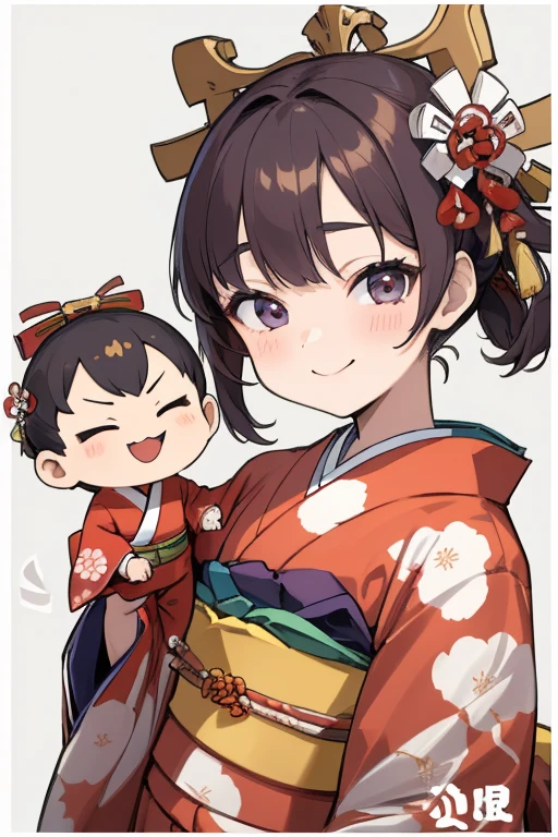 ( top quality, masterpiece)， beautiful background of Japan's Shichigosan , （ girl ），， ((Japanese short kimono with delicate and ultra-precise letters1:1.3)),（ Japanese doll-like face , cute smile）， Cute Loincloth ， Shrine ， sarcasm ，