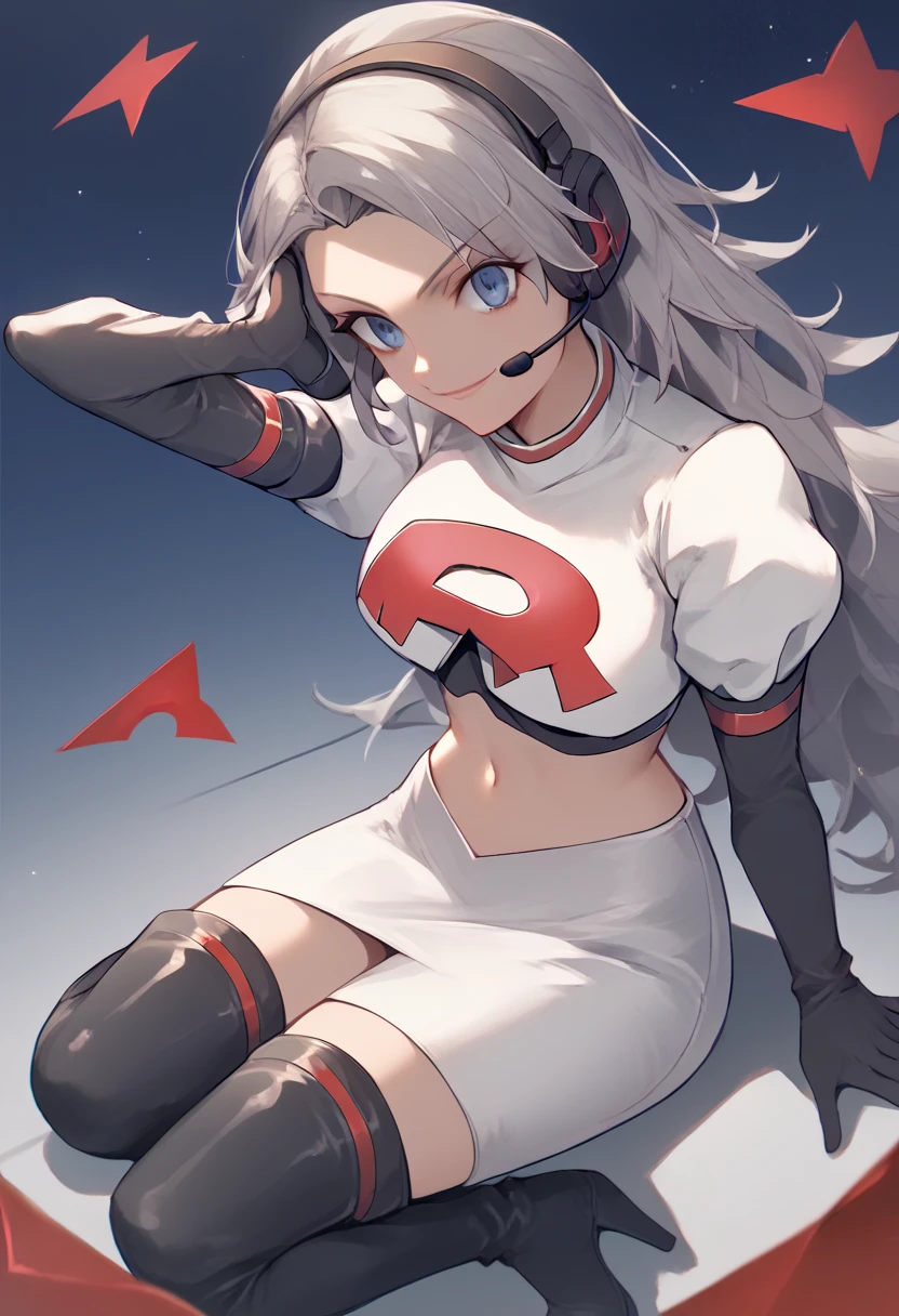 Team rocket, team rocket uniform, red letter R, white skirt,white crop top,black thigh-high boots, black elbow gloves, evil smile, night sky background, headset, large breasts, high-heeled boots, Sae Niijima, grey hair