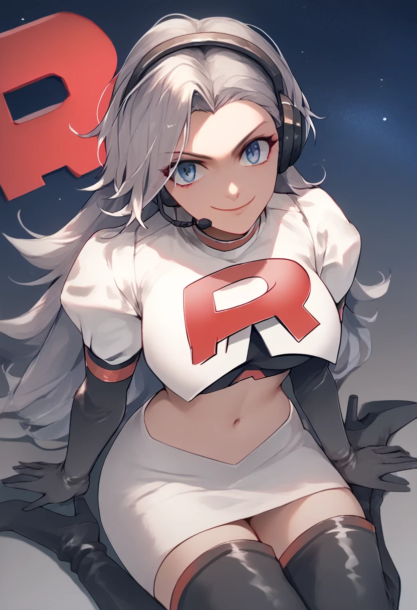 Team rocket, team rocket uniform, red letter R, white skirt,white crop top,black thigh-high boots, black elbow gloves, evil smile, night sky background, headset, large breasts, high-heeled boots, Sae Niijima, grey hair