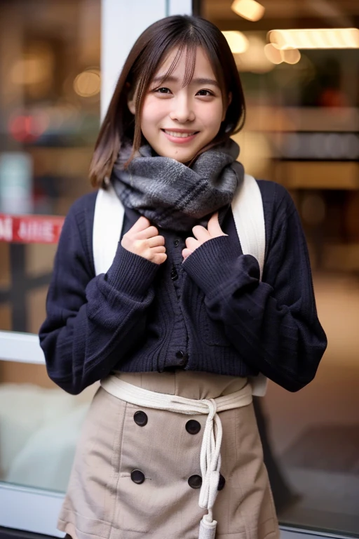 (Masterpiece,  best quality, Perfect Anatomy,  highres icon, 8k, realistic, photo realistic, natural skin texture, no makeup:1.2), Japanese girl stopping in front of a shop window on Christmas Eve, age20, (very cute:1.2), shy smile, (large breasts and perfect style:1.2), (mini skirt:1.7), I'm wearing an earth-colored winter long sleeve tight knit, (wrapping a plain scarf around her neck), Christmas, (looking at viewer:1.5), side shot, cowboy shot, (natural lighting), erogao , jp idol, tanukigao