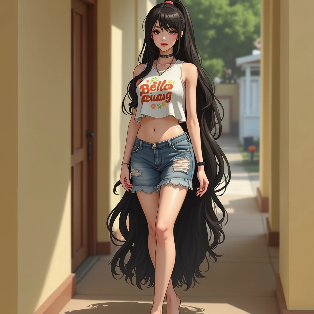 Anime girl with dark bluish hair in denim shorts and a corset, 16 years old, beautiful body, big breasts, with her hands on her waist, hands in her hair, Sexy girl, bluish hair, side strands of hair with a pink bow, strands of hair with a bow on the side of the face, beautiful lighting, soft shadows, brown eyes, beautiful toned legs, short hair, anime style, hand on the waist, hand in the hair, character Akane Tendo, Author Rumiko Takahashi, Based on a work by Rumiko Takahashi, Anime Ranma 1 / 2, sexy cleavage, robust hips, full body, full body, big bust, young girl with nice and beautiful body, sandals on her feet, girl 16 years young, wearing denim shorts and corset, anime girl, anime style, beautiful feet in sandals, outdoors, big breast, beautiful breasts, black hair, sandals on feet, beautiful legs, sexy, beautiful legs, Sandals, big breasts, full body, full body, feet with sandals, big bust