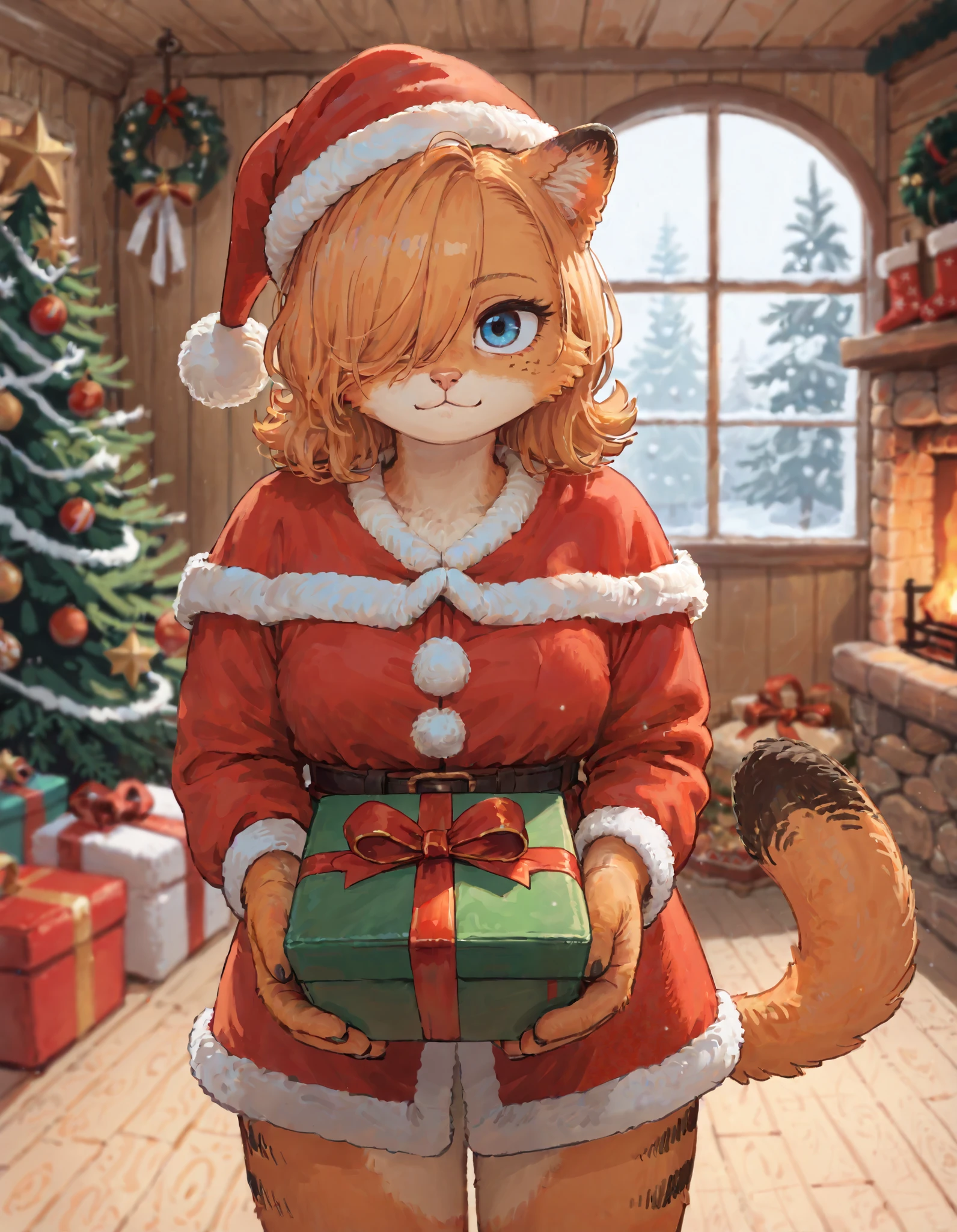 (chanta_\(ayatakaoisii\):0.9)transfield, 1girl, solo, orange fur, medium hair, hair over one eye, santa costume, santa hat, holding present, depth of field, interior, cabin, fireplace, [christmas tree], cowboy shot