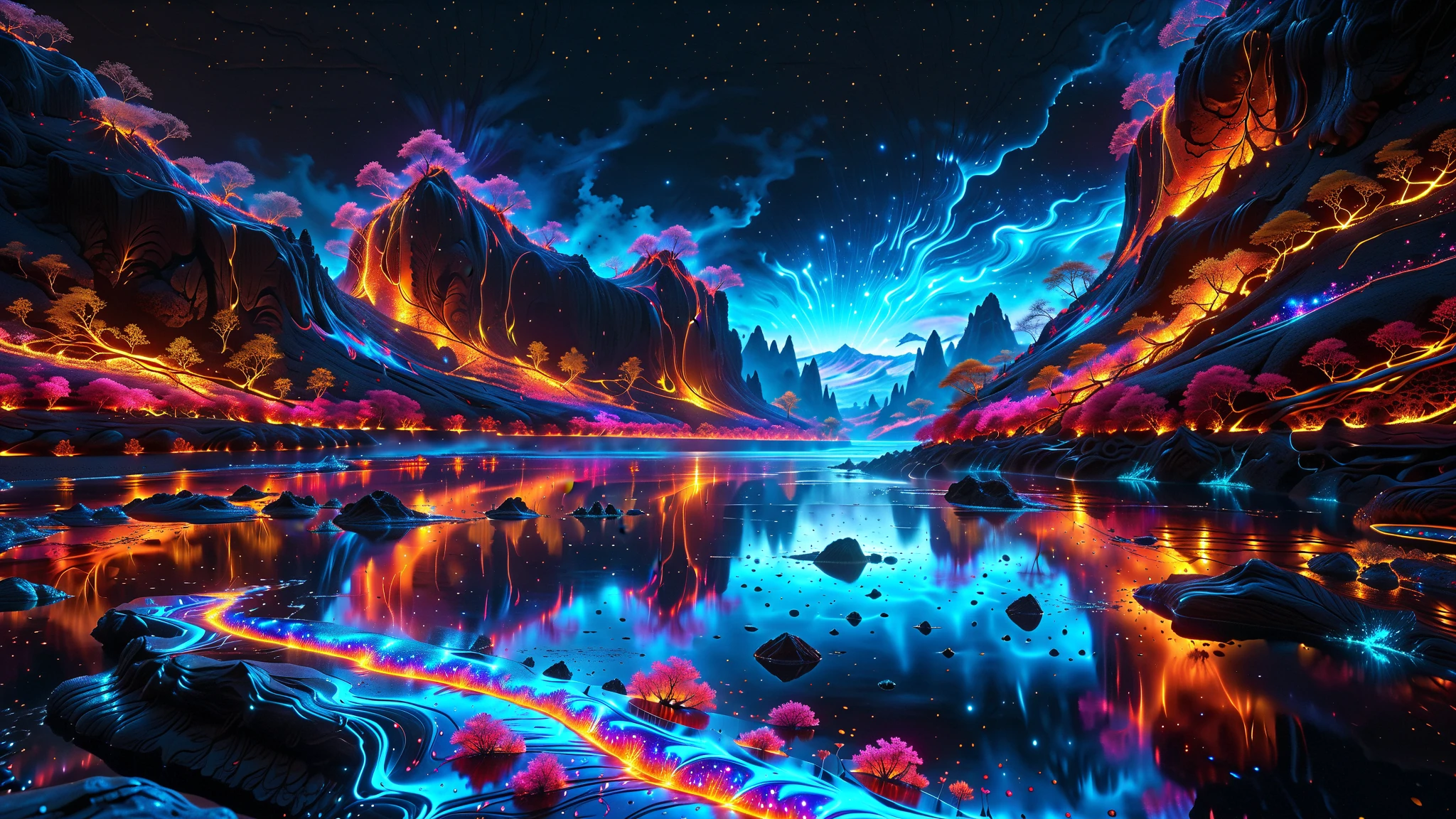 A Masterpiece In 32K Resolution, Supreme Quality, Super Detail, Official Art, Very High-Resolution 32K Wallpaper, Beautiful And Aesthetic, Ultra-Detailed Features, Awe-Inspiring Detail. A Futuristic Volcanic Scene Where Rivers Of Glowing, Neon Lava Wind Through A Dark Landscape. The Rocks Are Embedded With Iridescent Crystals That Reflect The Lava's Light. Above, A Futuristic Sky Glows With Patterns Of Shifting Stars, While Metallic Trees Line The Edges Of The Lava Flow, Their Branches Radiating A Cool, Contrasting Glow.