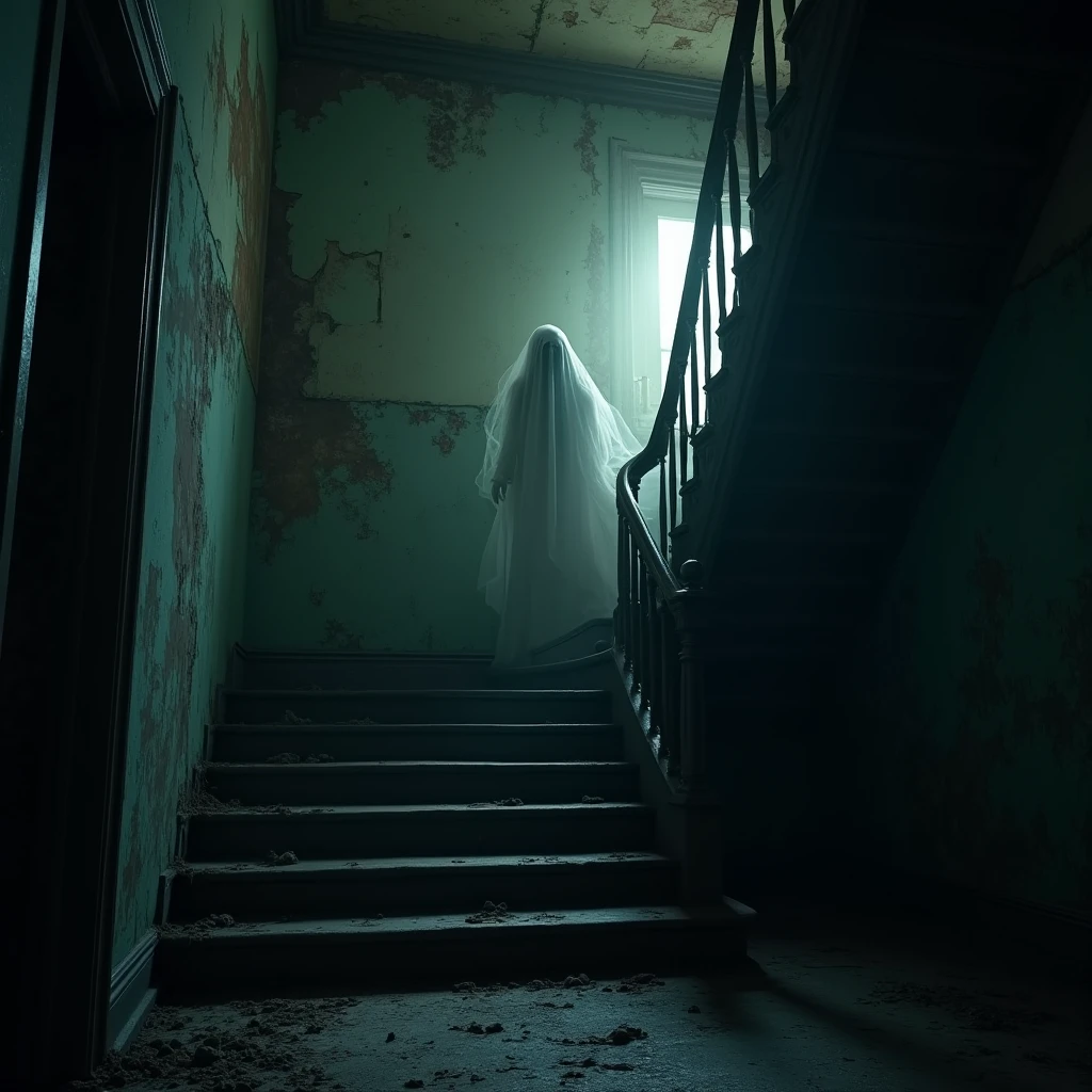 interior (inside the house) of a two-story house, specifically on the first floor with an open window on the floor above and a scary, shapeless shadow floating down the stairs in addition to a scary and gloomy atmosphere