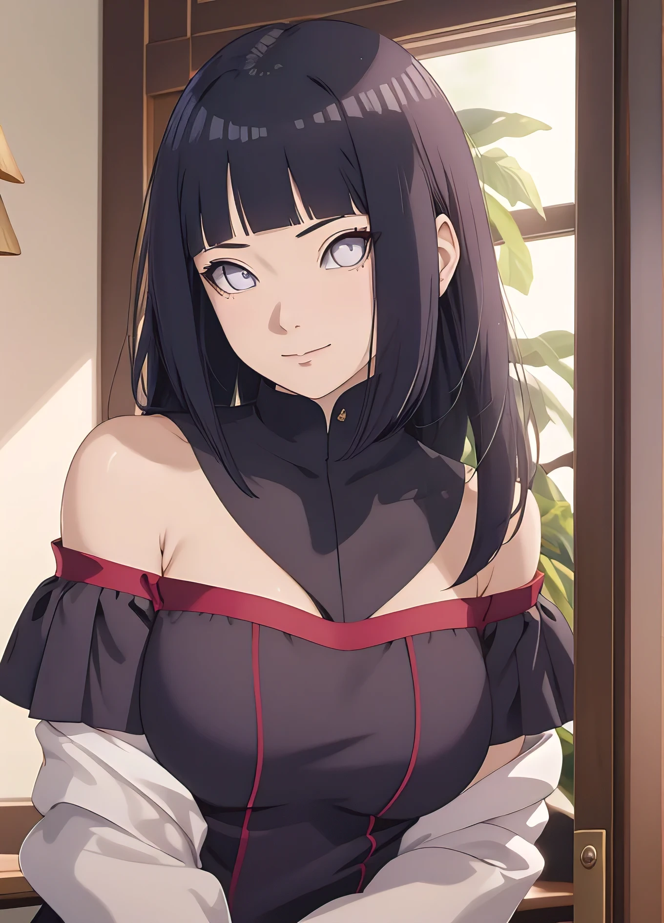 light effect, soft, super clear, high-definition picture, (front), masterpiece, cinematic lighting, Hinata Uzumaki, white eyes, black long hair, no pupils, 1girl, solo, looking at viewer, smile, large breast, open shoulder, red short dress