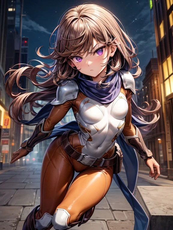 1girl, ??????????????, leotard, ???? legs, gloves, boots, superhero, standing, hands on hip, city backdrop, (beautiful detailed eyes:1.6), (perfect hands, perfect ???????), kumiko oumae, smile