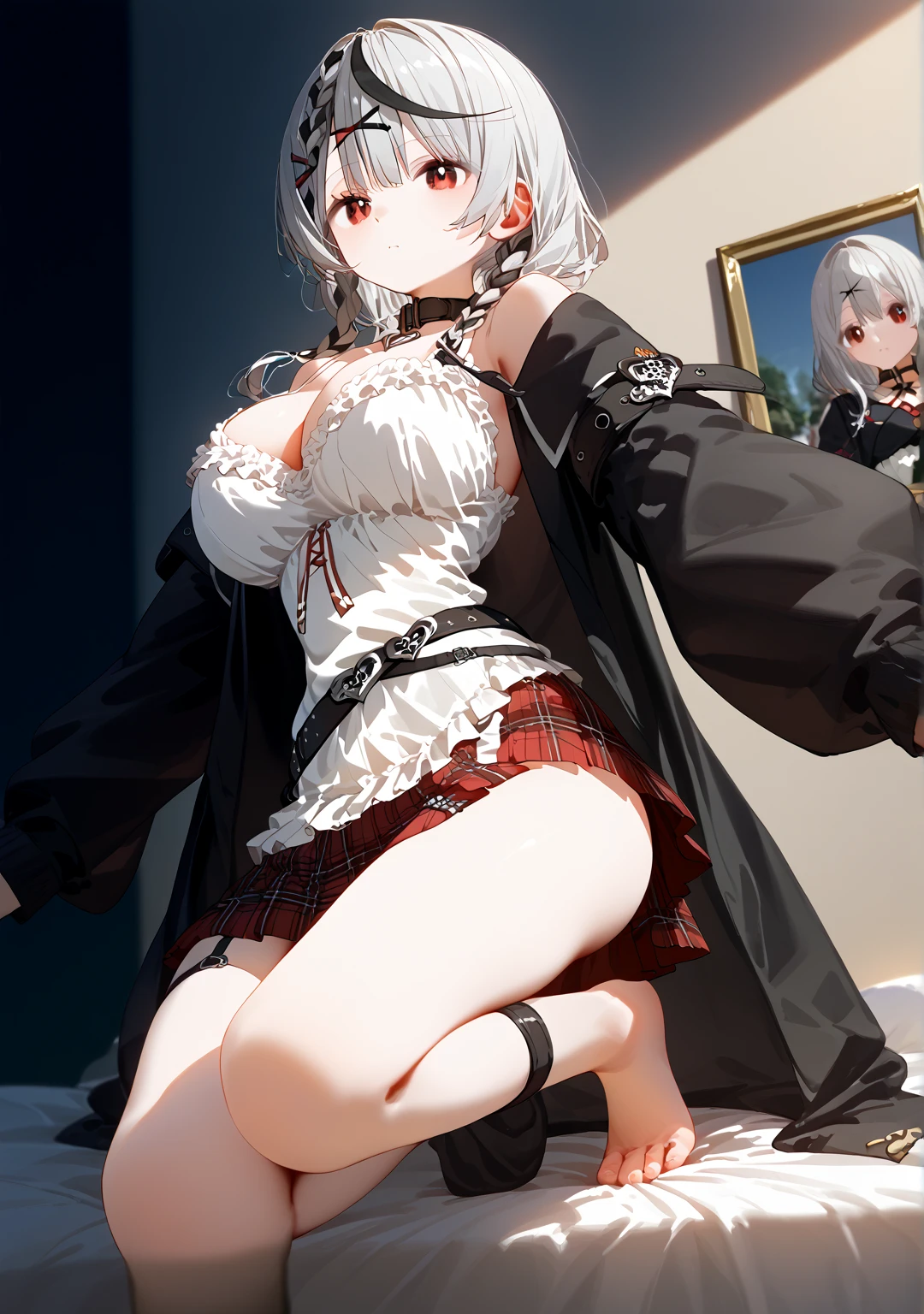           top quality,           top quality,         High-quality photos          ,         masterpiece penis       ,              super high resolution   ,             detailed background ,             absurd,               Perfect Anatomy           ,             performance   ,     good lighting    ,        Photo Gallery         , 、  1 girl、Alone、 red eyes、Sakemachi Chloe 、  garter strap、  fingerless gloves、Rap Knee High  、Grey Hair、Rainbow Hair、  check skirt、Chestの谷間、  x hair ornament、  red skirt  、Black collar、  white camisole、Chest、  braids  、  black belt and rapier 、  medium haired  、  black jacket  、 very huge breasts、 sexy pose