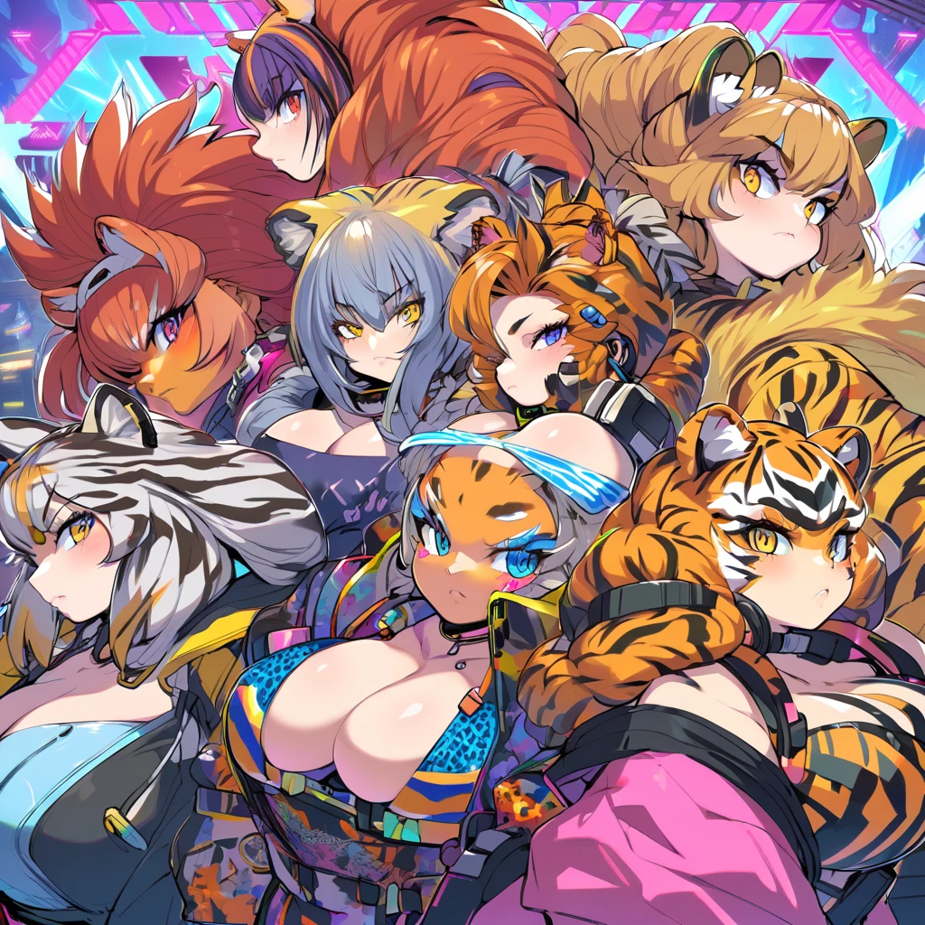 Anime, Cyberpunk female, 5 tiger-girls, anthro tiger girl, tiger girls, tiger stripes, huge hair, large breasts, blue bra, large yellow jacket, Deep cleavage, chubby, spikes, red fur, stripes, serious, posing together, girls surrounding