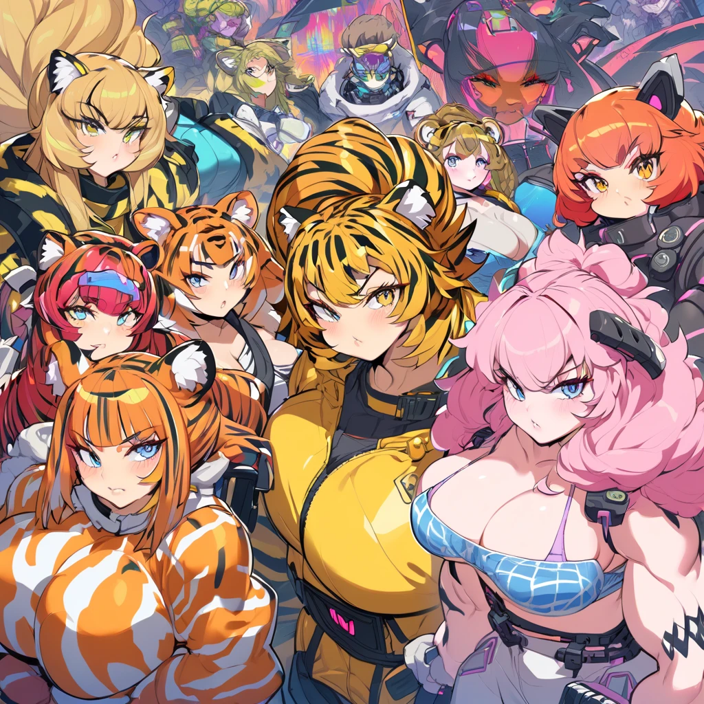 Anime, Cyberpunk female, 5 tiger-girls, anthro tiger girl, tiger girls, tiger stripes, huge hair, large breasts, blue bra, large yellow jacket, Deep cleavage, chubby, spikes, red fur, stripes, serious, posing together, girls surrounding