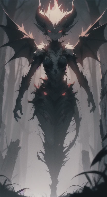 Foggy Forest, extremely horrifying, ancient female creature, demonic silhouette, Gardevoir shadow figure, glowing red eyes, eyes in the fog, rotting, looking dead, torn wings,